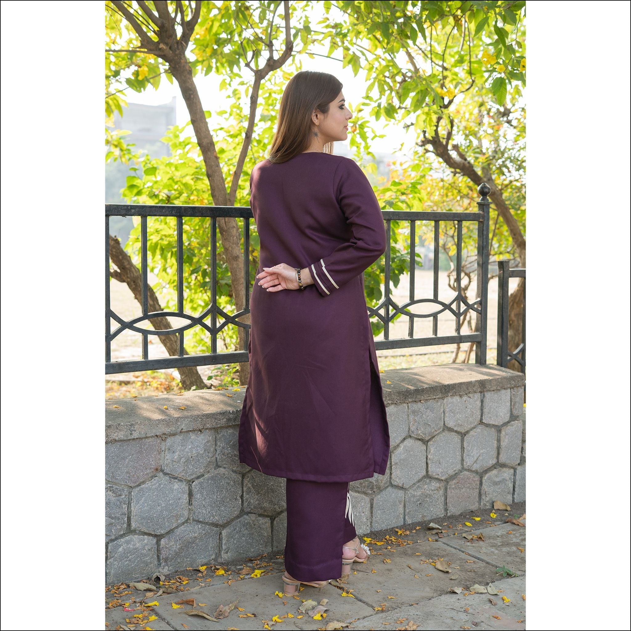 Wine Spun Kurti Pant Set with Applique Work & Pleated Sleeves