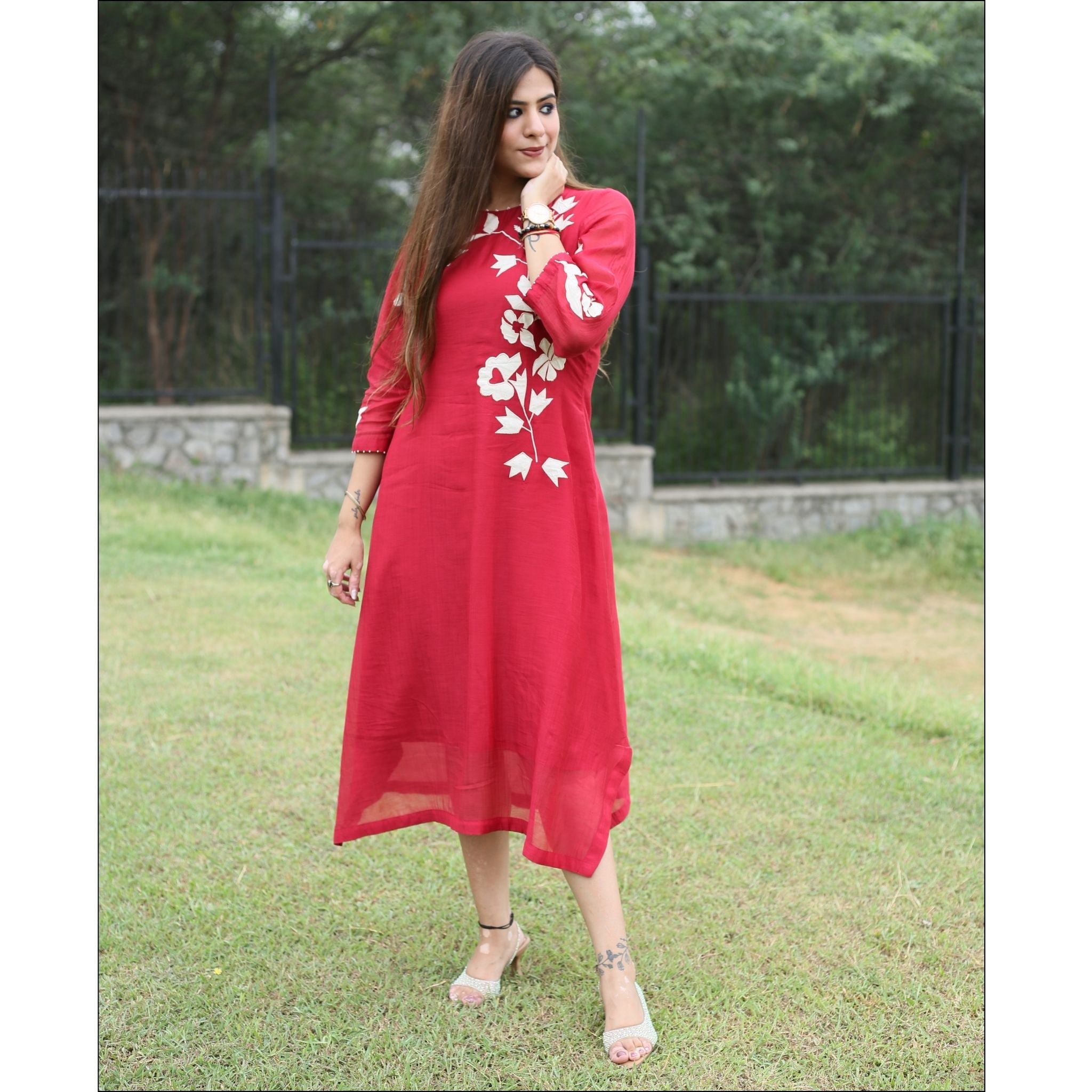 Red Mul Cotton Kurti with Applique & Pearl Work
