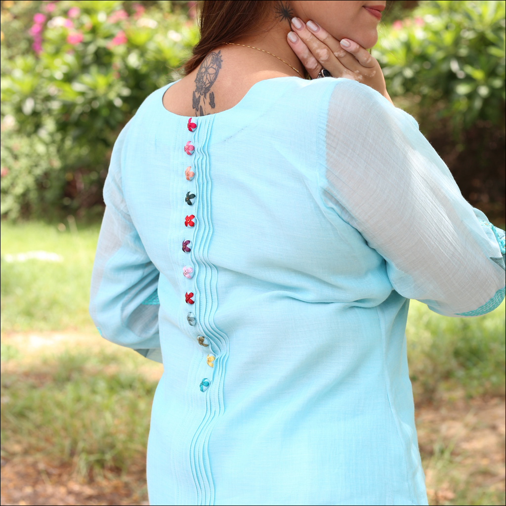 Ice Blue Suit Set with Organza Dupatta & Sequin Embroidery