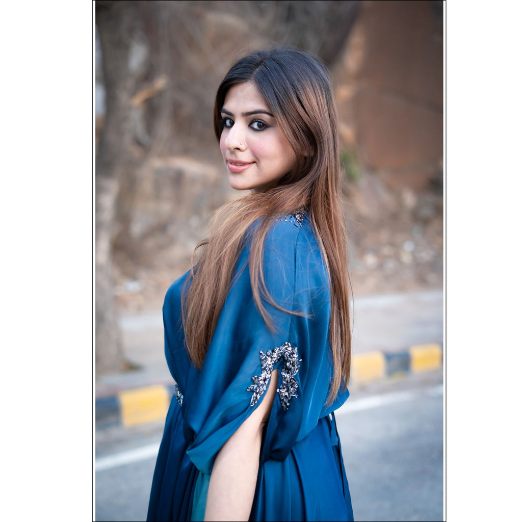 Blue Ombre Modal Silk Indo Western Gown with Handwork Belt