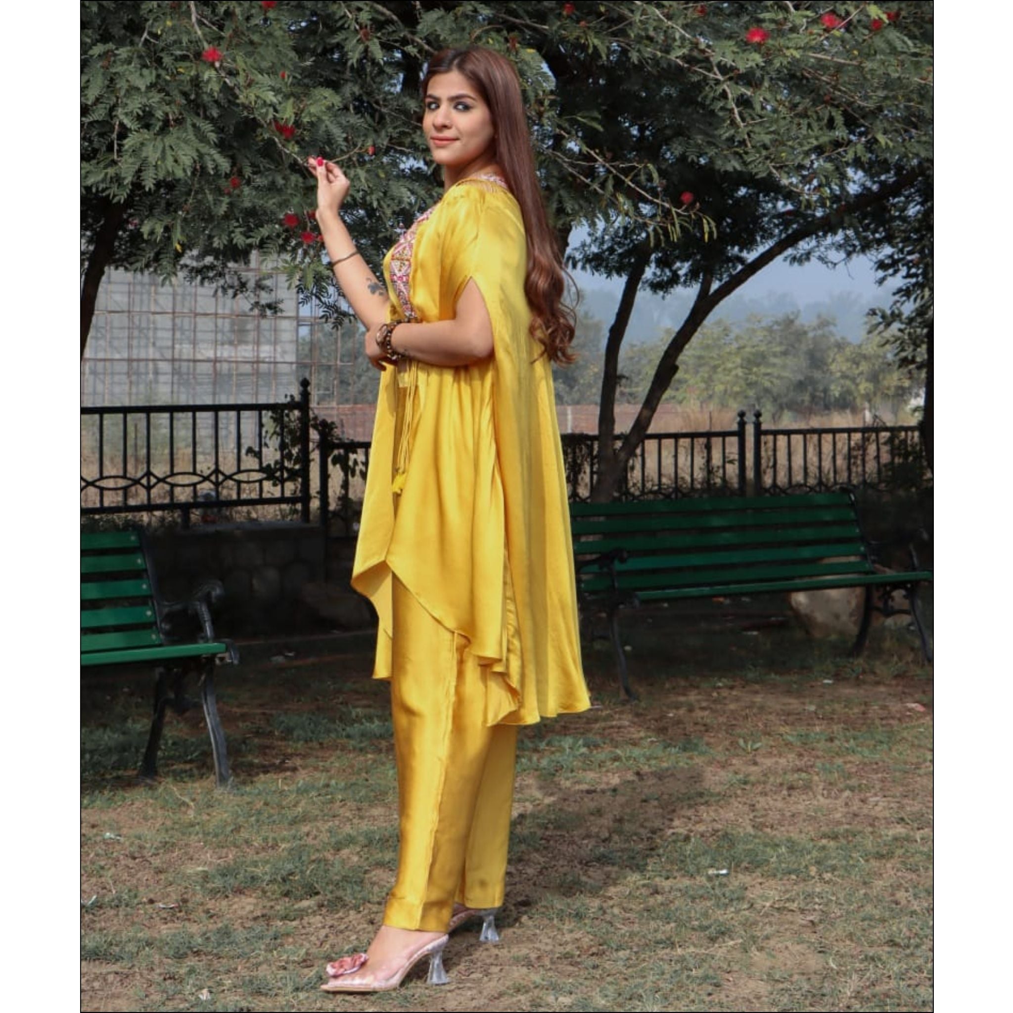 Bright Yellow Modal Silk Shrug Set with Colourful Handwork