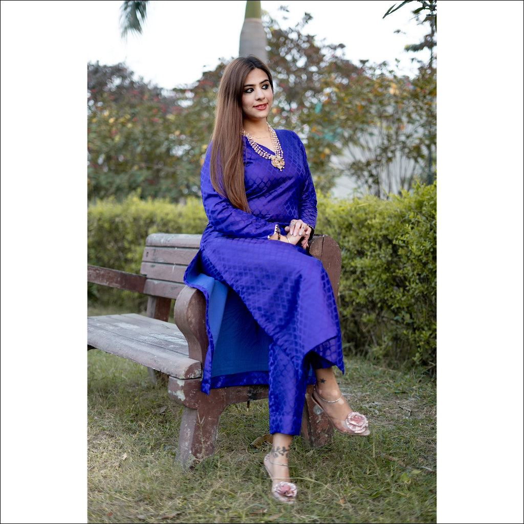 Royal Blue Silk Kurti Pant Set with Lace Neck & Sleeve Detailing