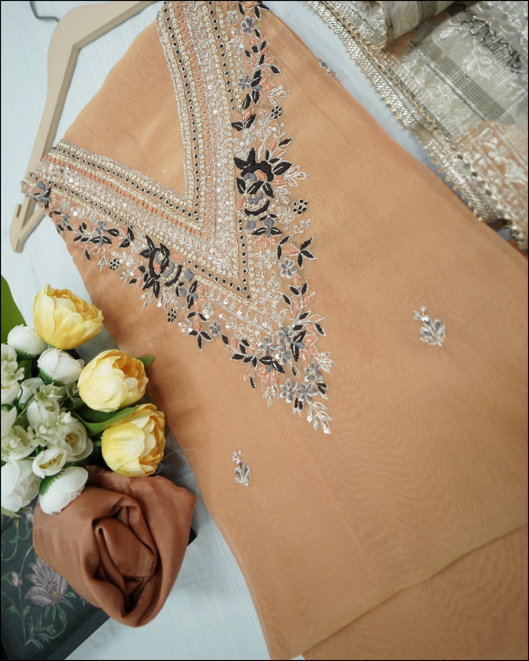 Unstitched Tissue Suit Set with Zari Dupatta & Hand-Embroidered Yoke