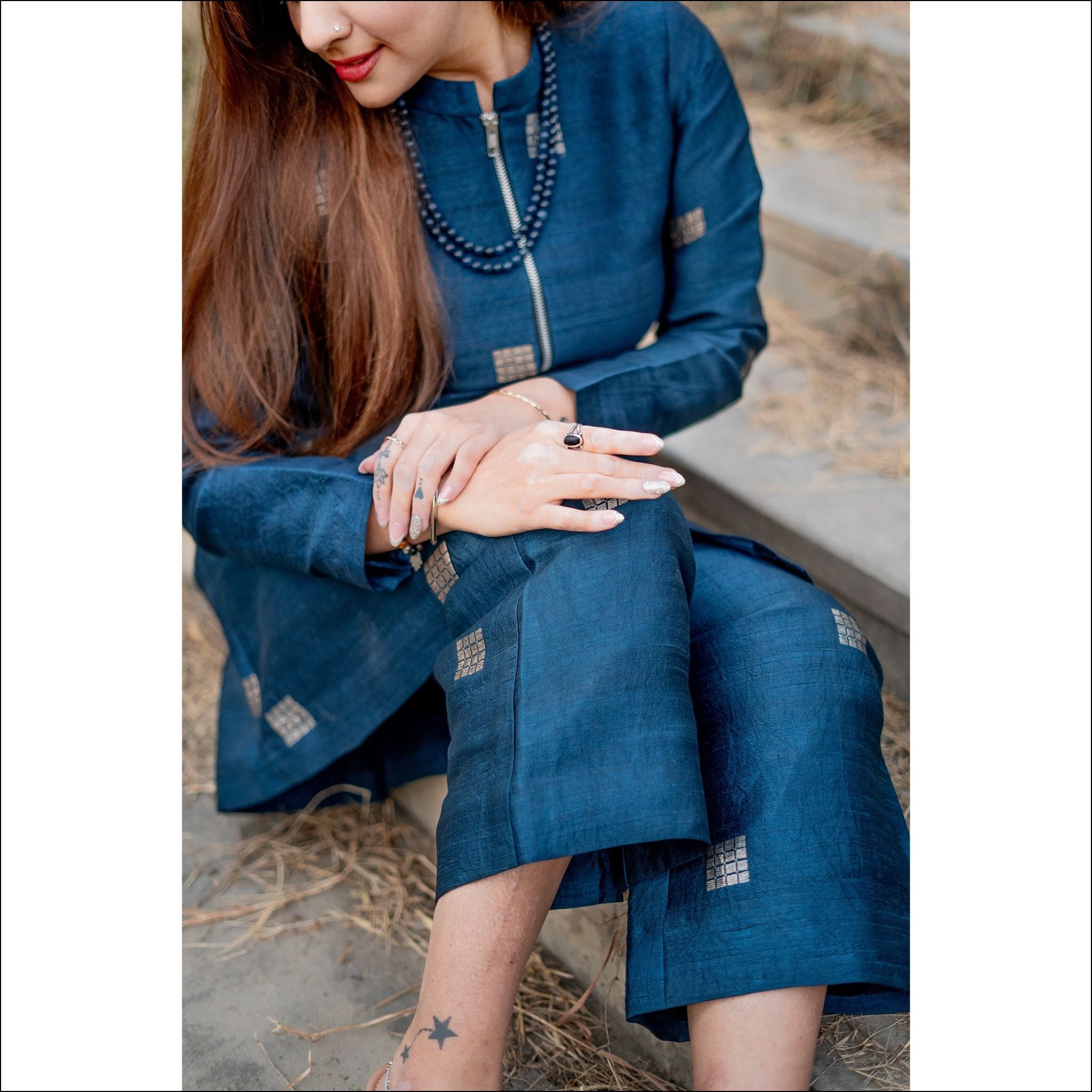 Indigo Blue Silk Short Kurti with Silver Zari Weaving & Wide-Leg Pants
