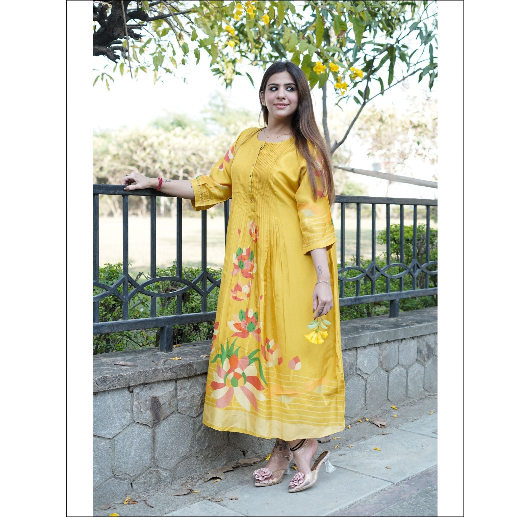 Sunshine Yellow Muslin Kurti with Floral Print & Pleated Design