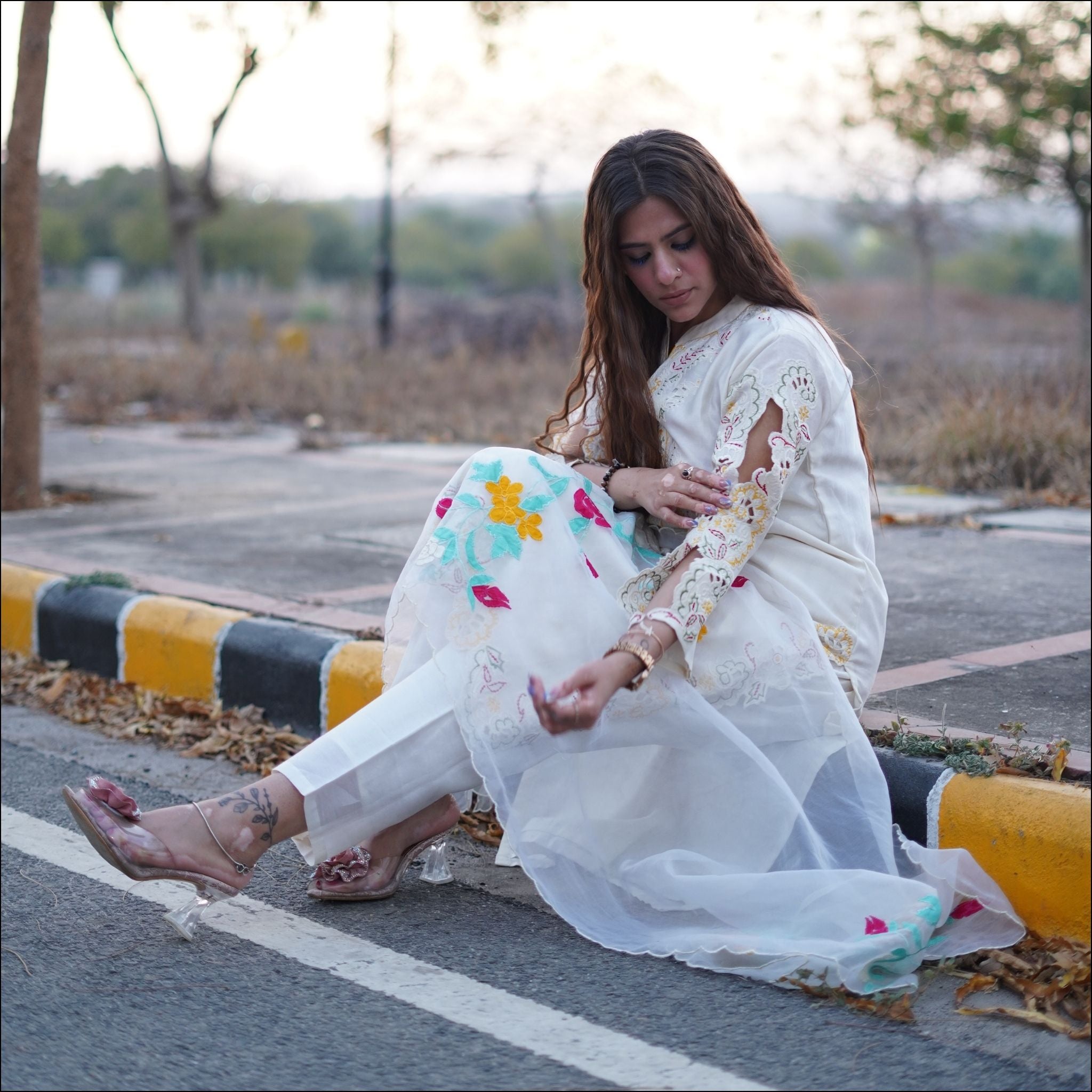 Off-White Cotton Chanderi Suit Set with Embroidered Organza Dupatta