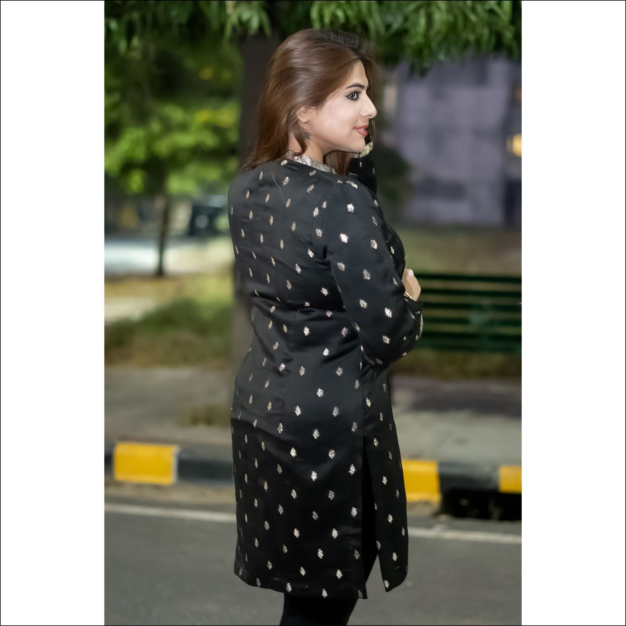 Black Silk Tunic Dress with Silver Zari Weaving & Border