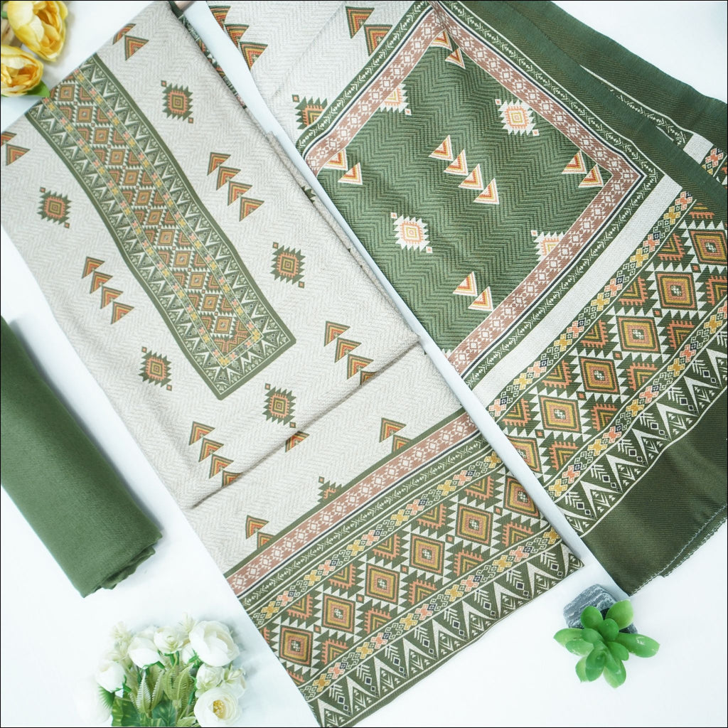 Green Beige Brown Spun Unstitched Winter Suit Set