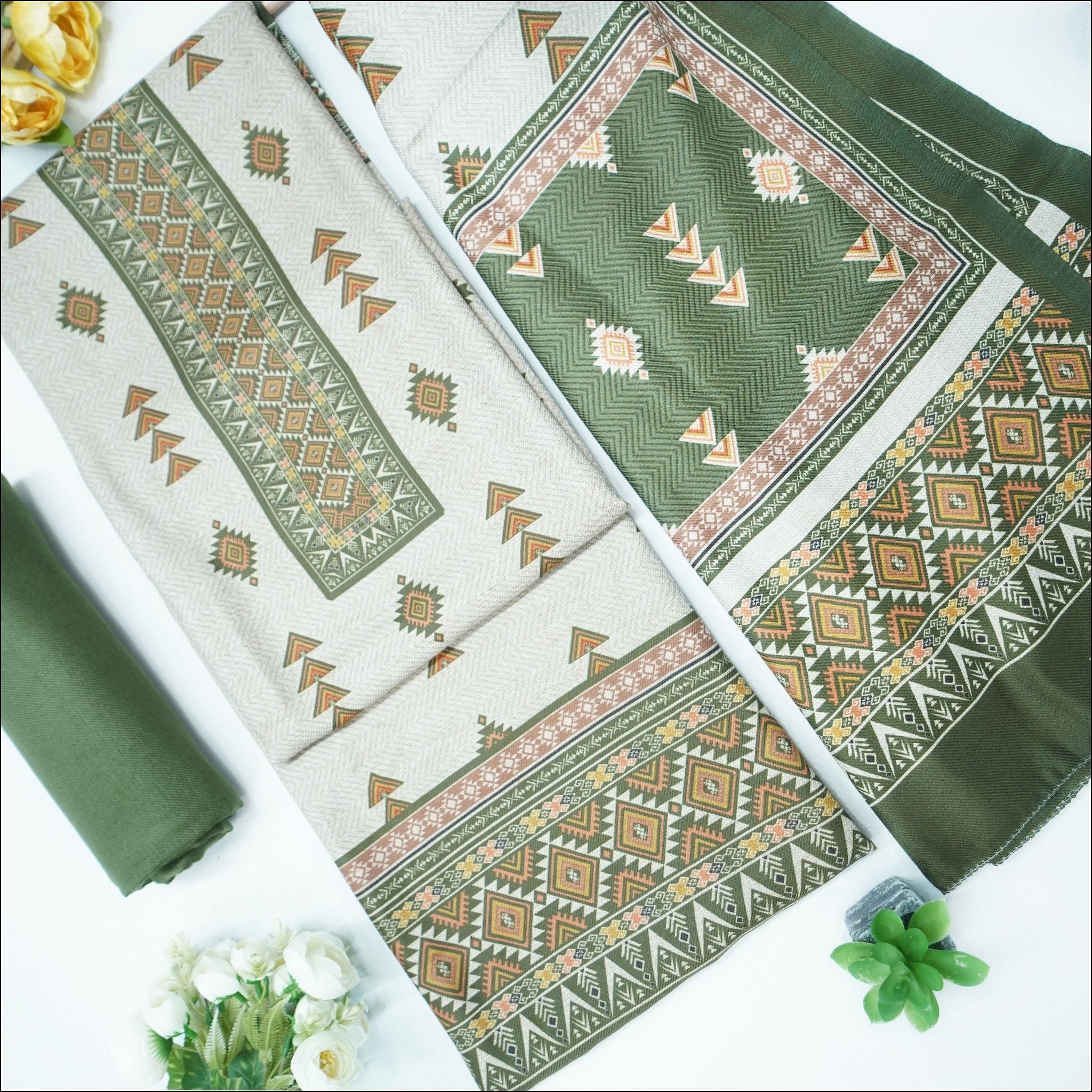 Green Beige Brown Spun Unstitched Winter Suit Set