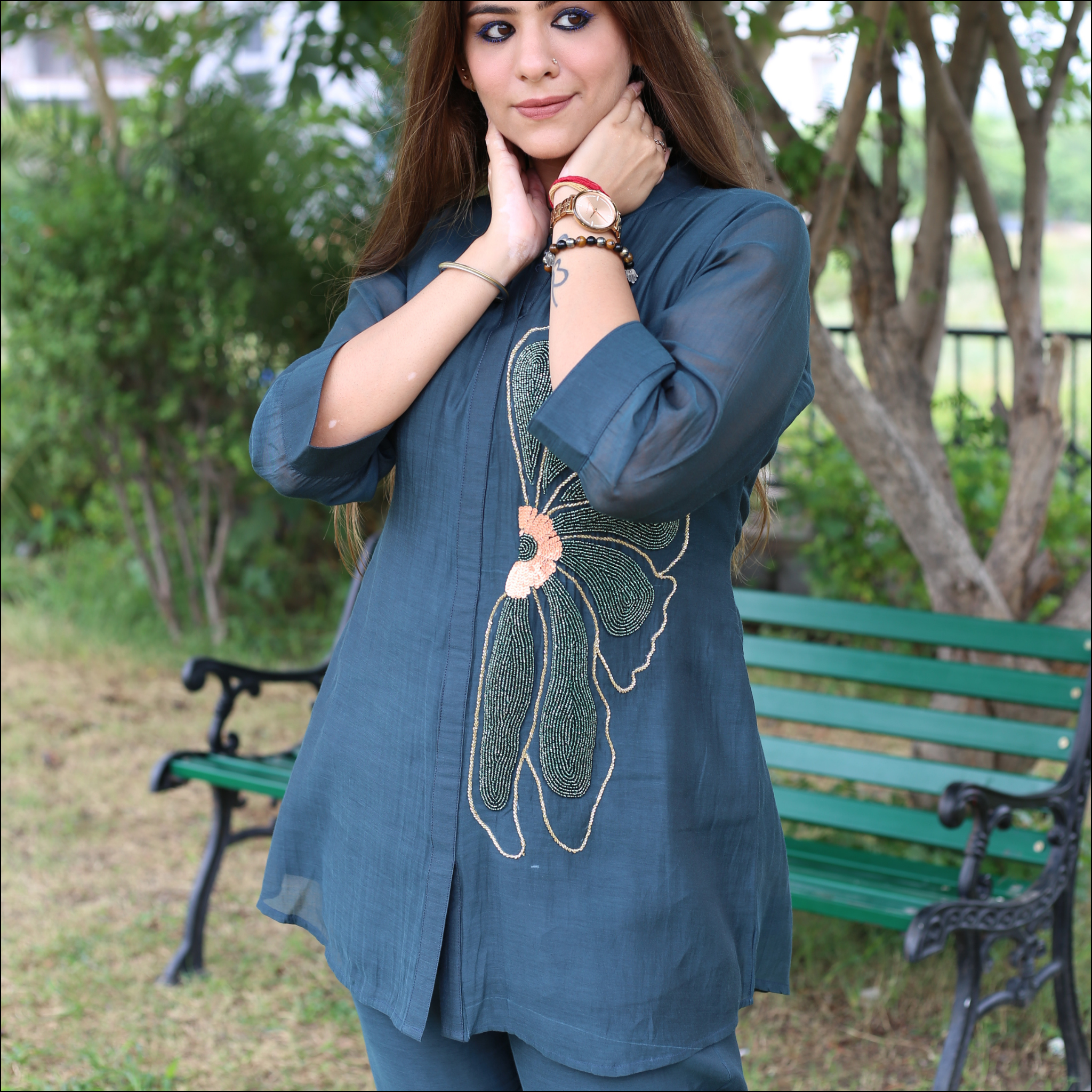 Deep Teal Green Mul Cotton Co-ord Set with Pearl & Hand Embroidery
