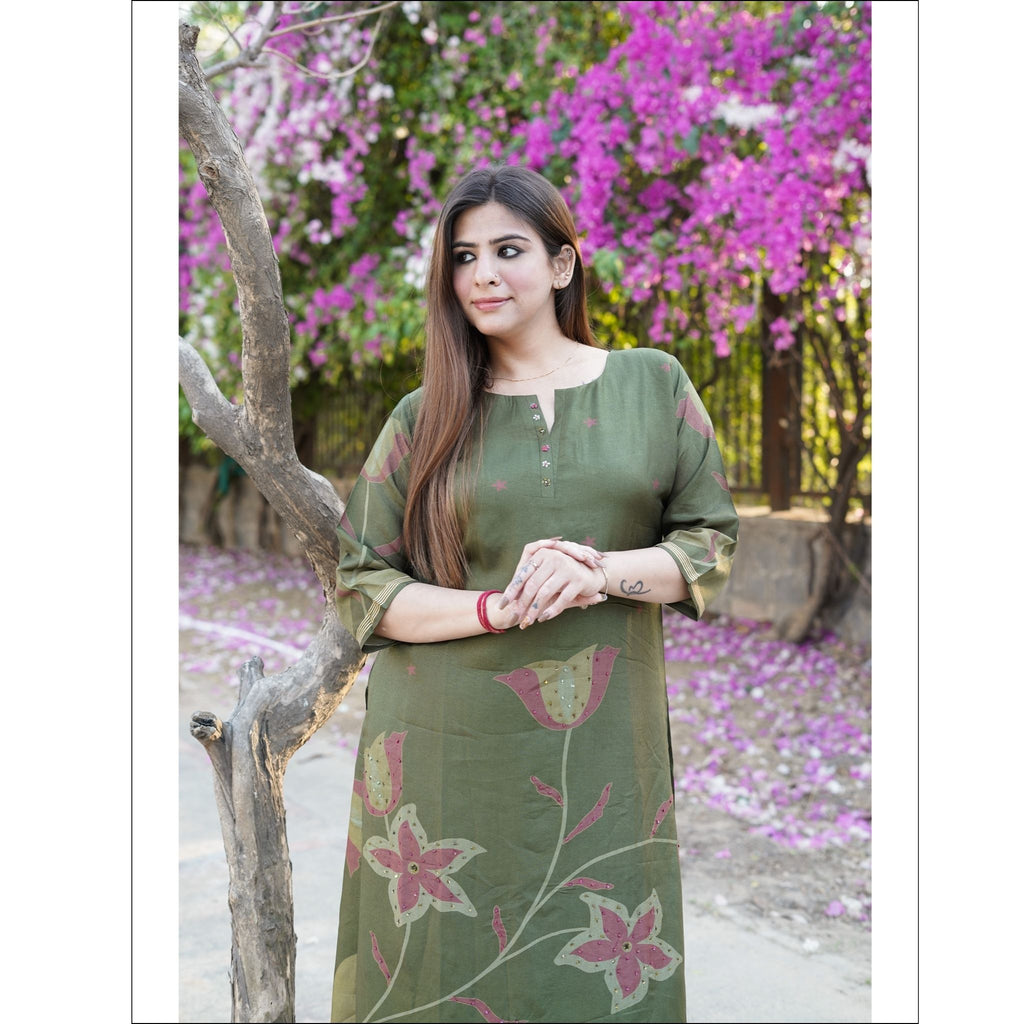 Olive Green Muslin Kurti with Floral Motifs & Designer Buttons