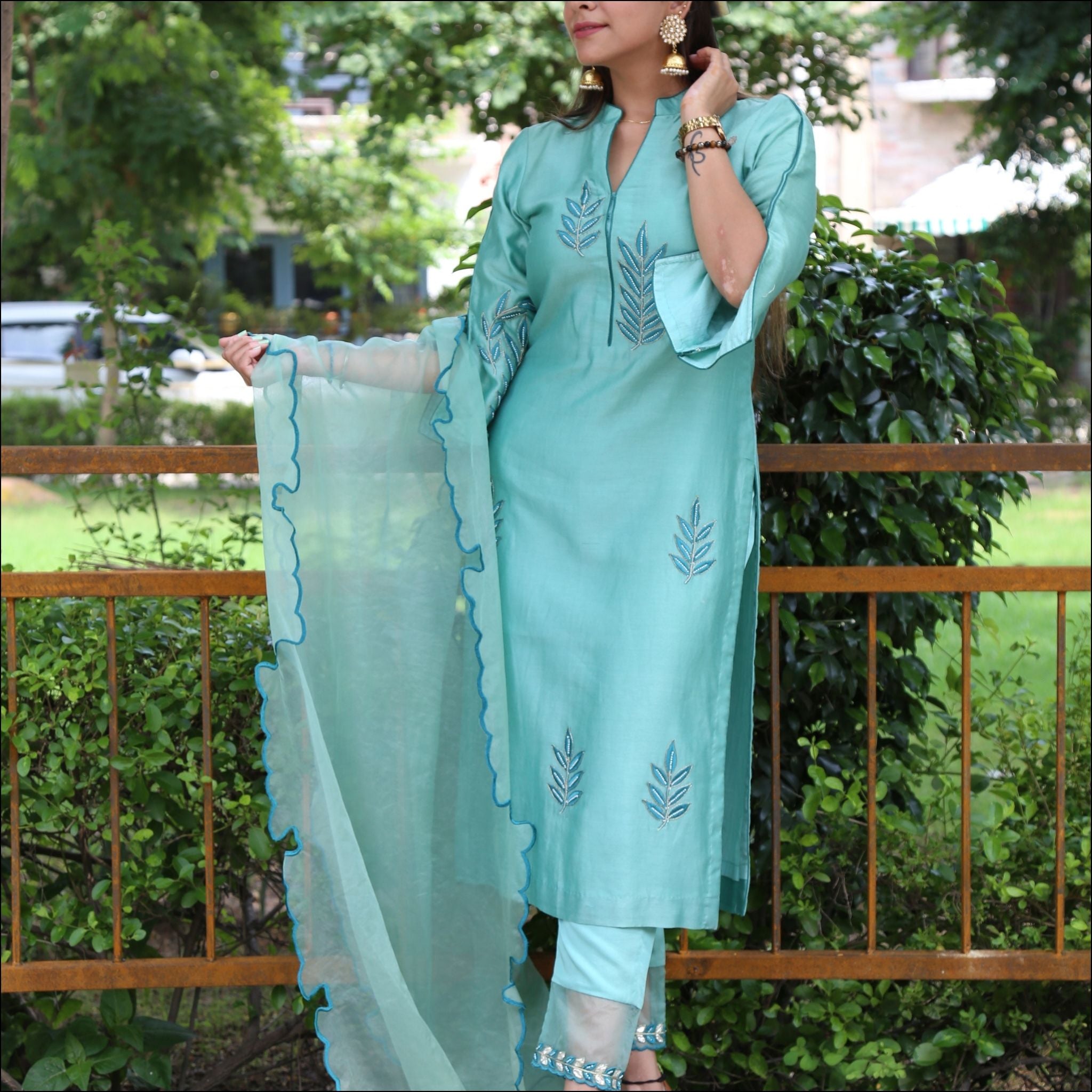 Chinese Collar V-Neck Suit with Pearl Embroidery & Organza Dupatta
