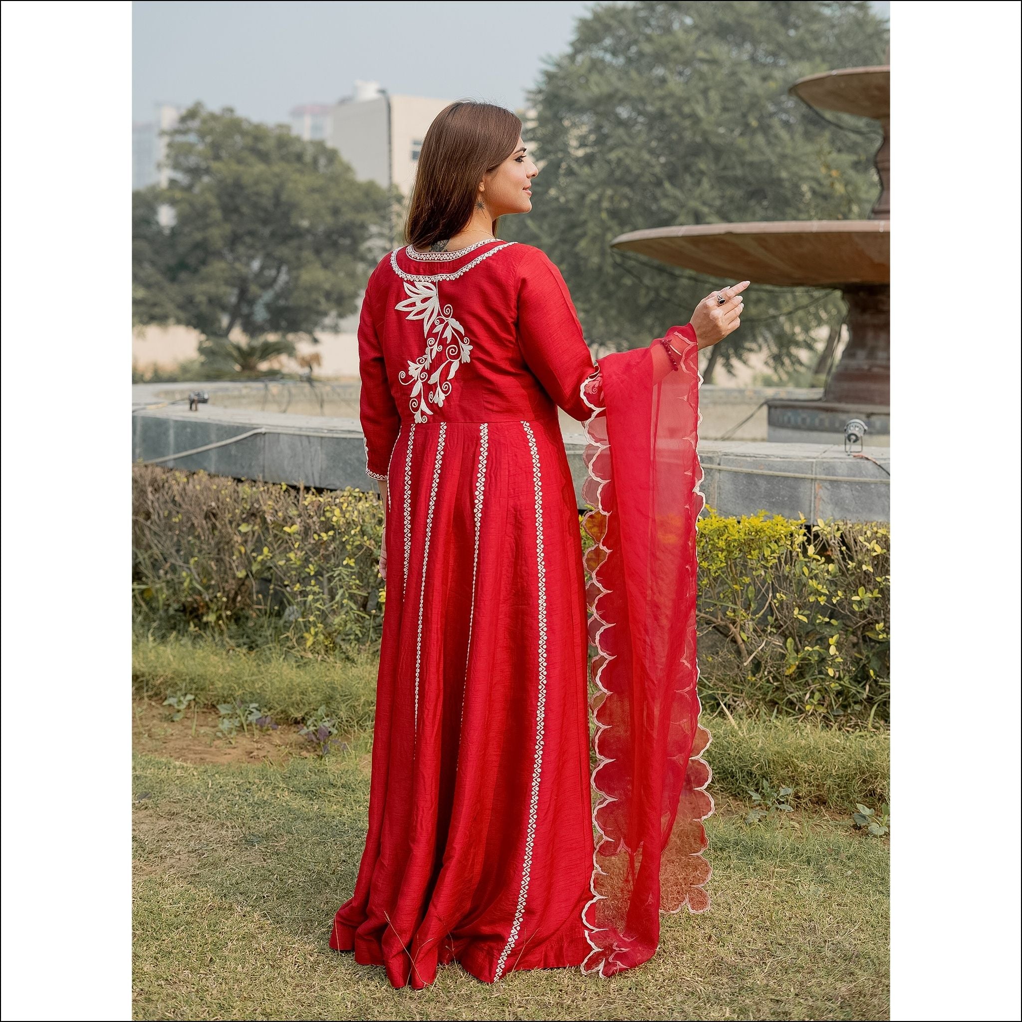 Red Silk Anarkali with Dori Work & Organza Dupatta