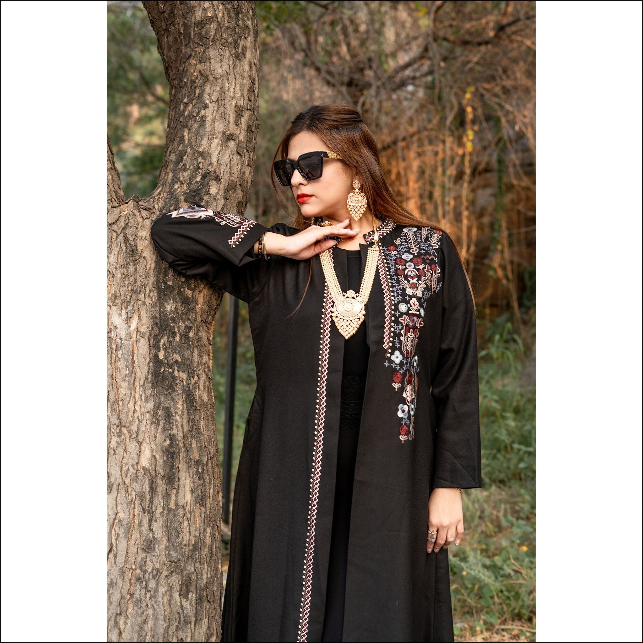 Black Spun Long Winter Coat with Heavy Colourful Embroidery