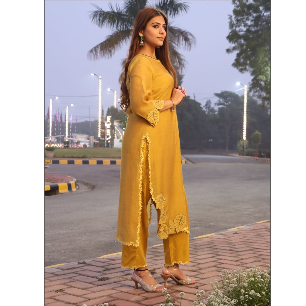Mustard Yellow Malai Cotton Suit with Leaf Embroidery & Dupatta