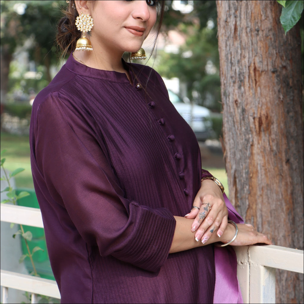 Chinese Collar A-Line Suit with Embroidered Motifs & Chiffon Dupatta