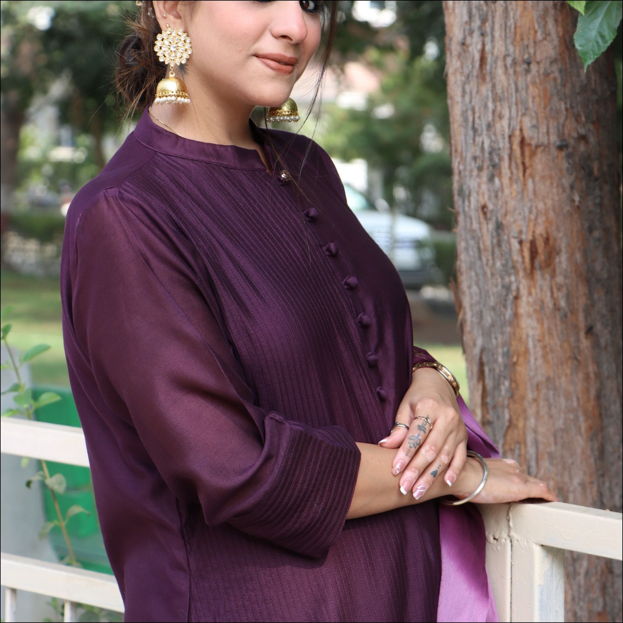 Chinese Collar A-Line Suit with Embroidered Motifs & Chiffon Dupatta