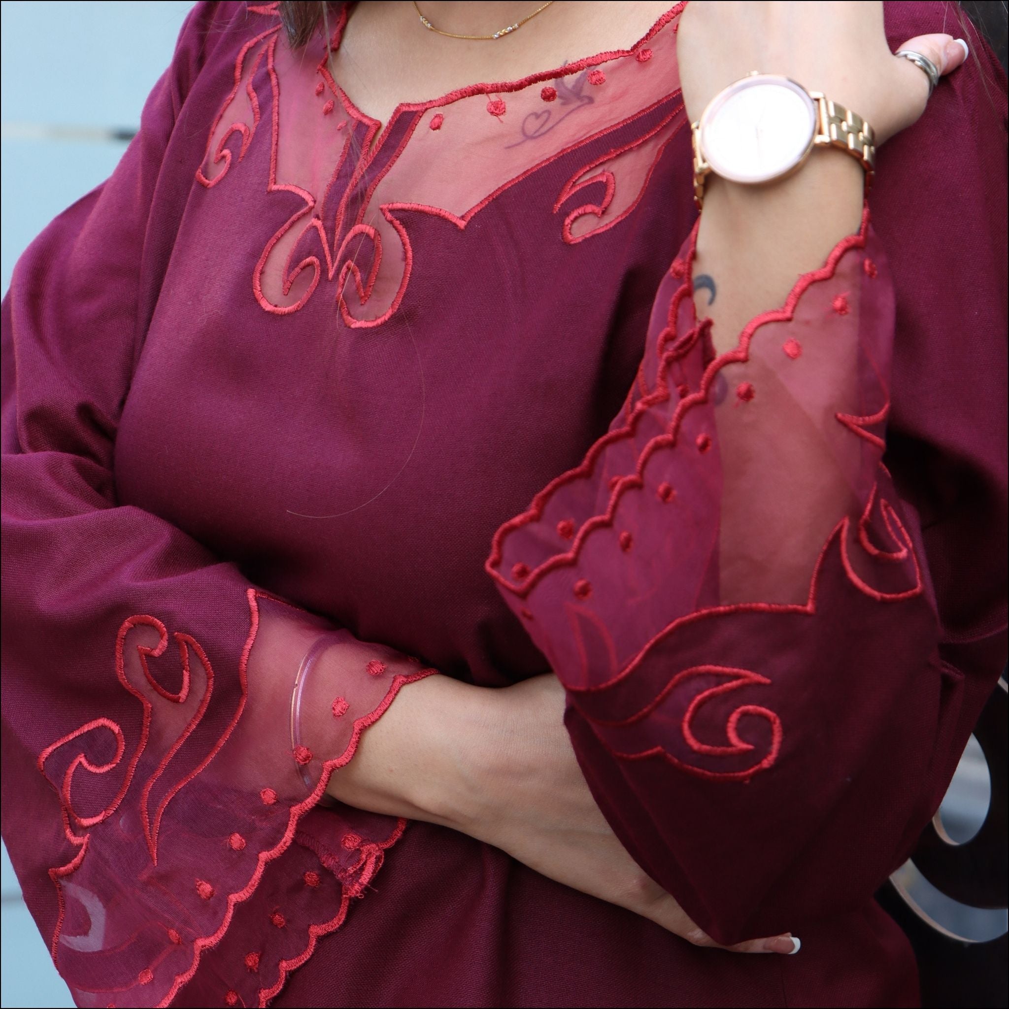 Brown Blue Maroon Wine Spun Co-ord Set with Organza Bell Sleeves