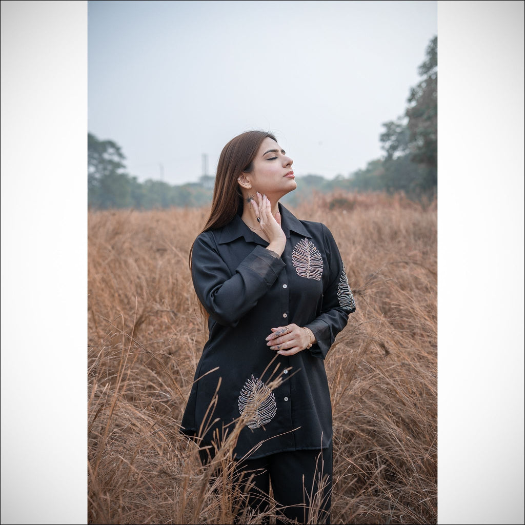 Black Spun Co-ord Set with Dori Leaf Work & Organza Sleeve Detail