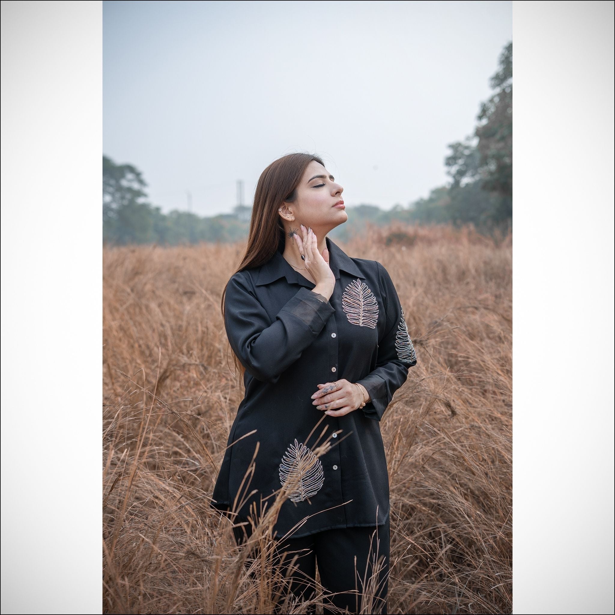 Black Spun Co-ord Set with Dori Leaf Work & Organza Sleeve Detail