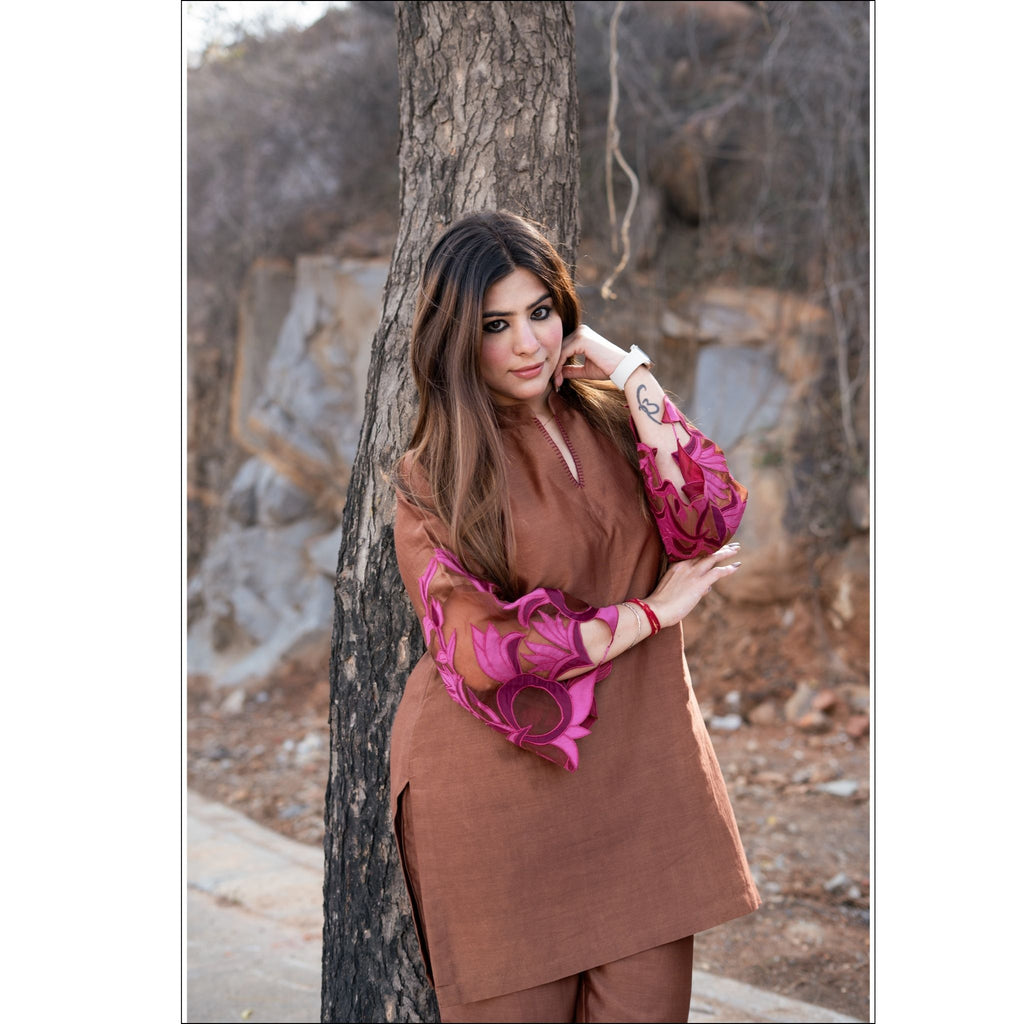 Gold Brown Cotton Chanderi Customized Co-ord Set with Applique & Hand Embroidery