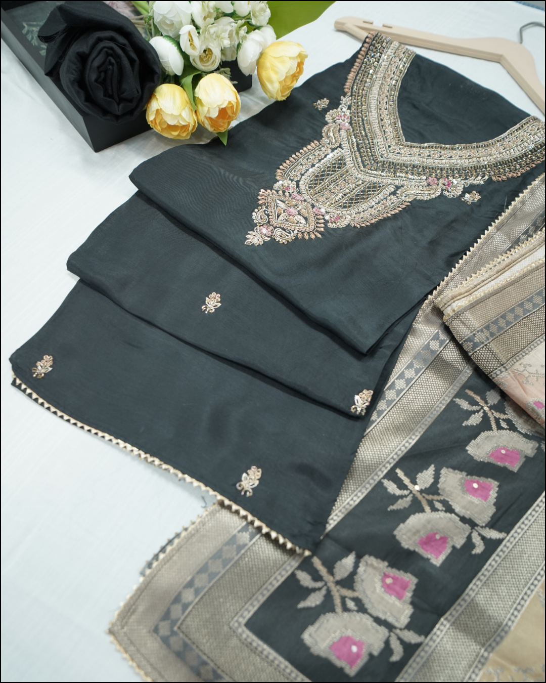 Unstitched Black Crepe Suit Set with Zari Work & Beige Zari Dupatta