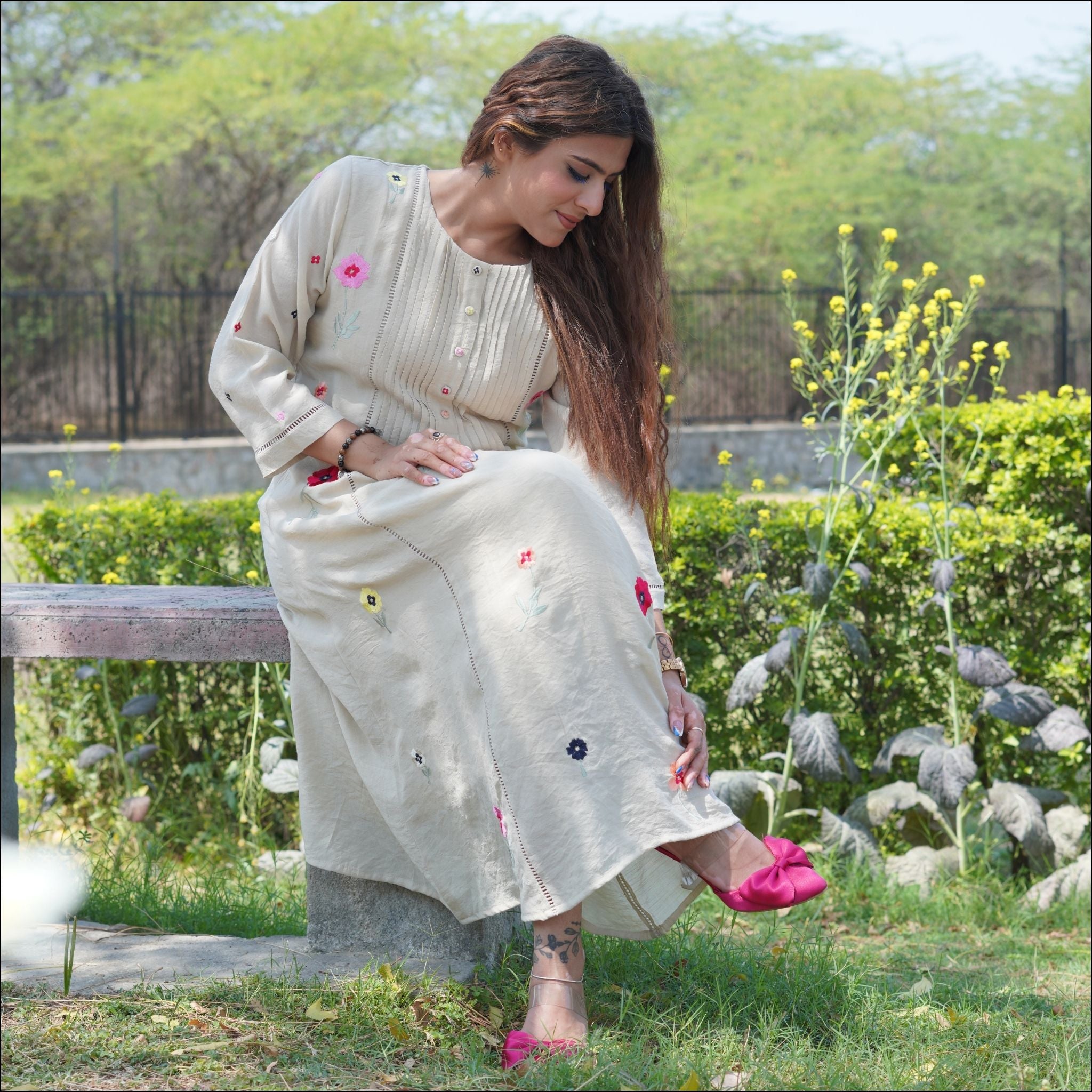Beige Cotton Silk Pleated Dress with Floral Embroidery & Lace