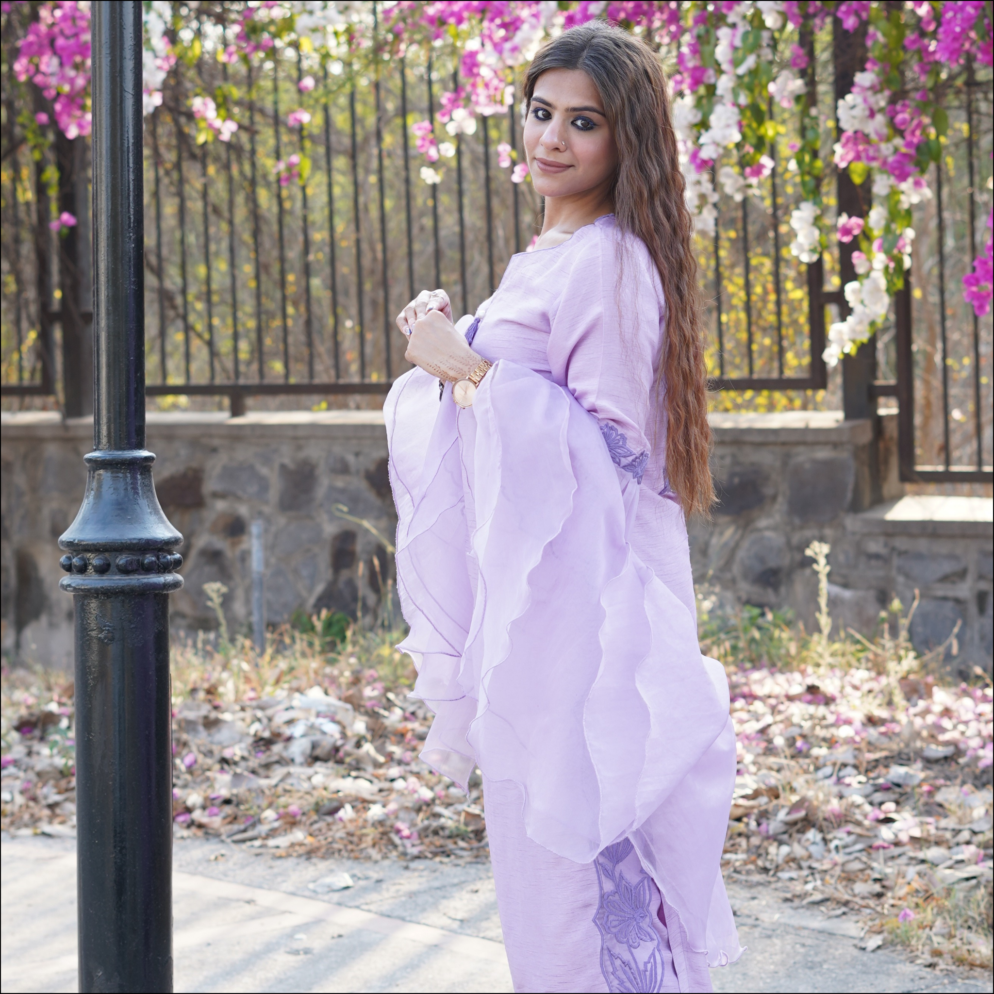 Dupion Silk Kurti Pant Set with Embroidered Organza Ruffled Dupatta
