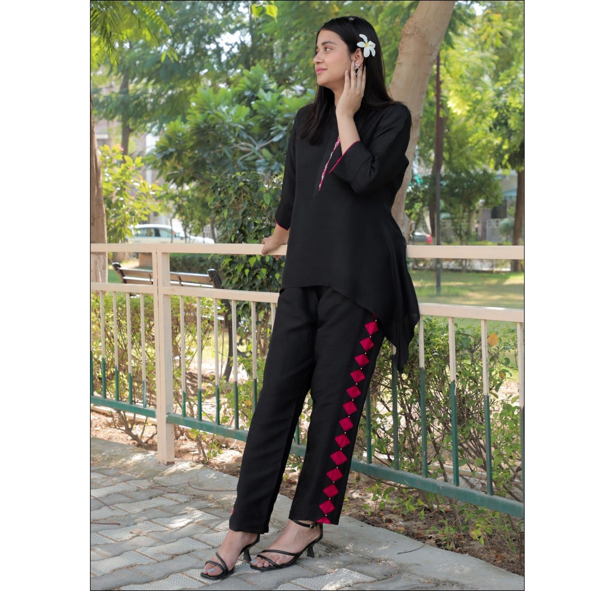 Black Dupian Silk Co-ord Set with Temple Cut Top & Pearl Detailing