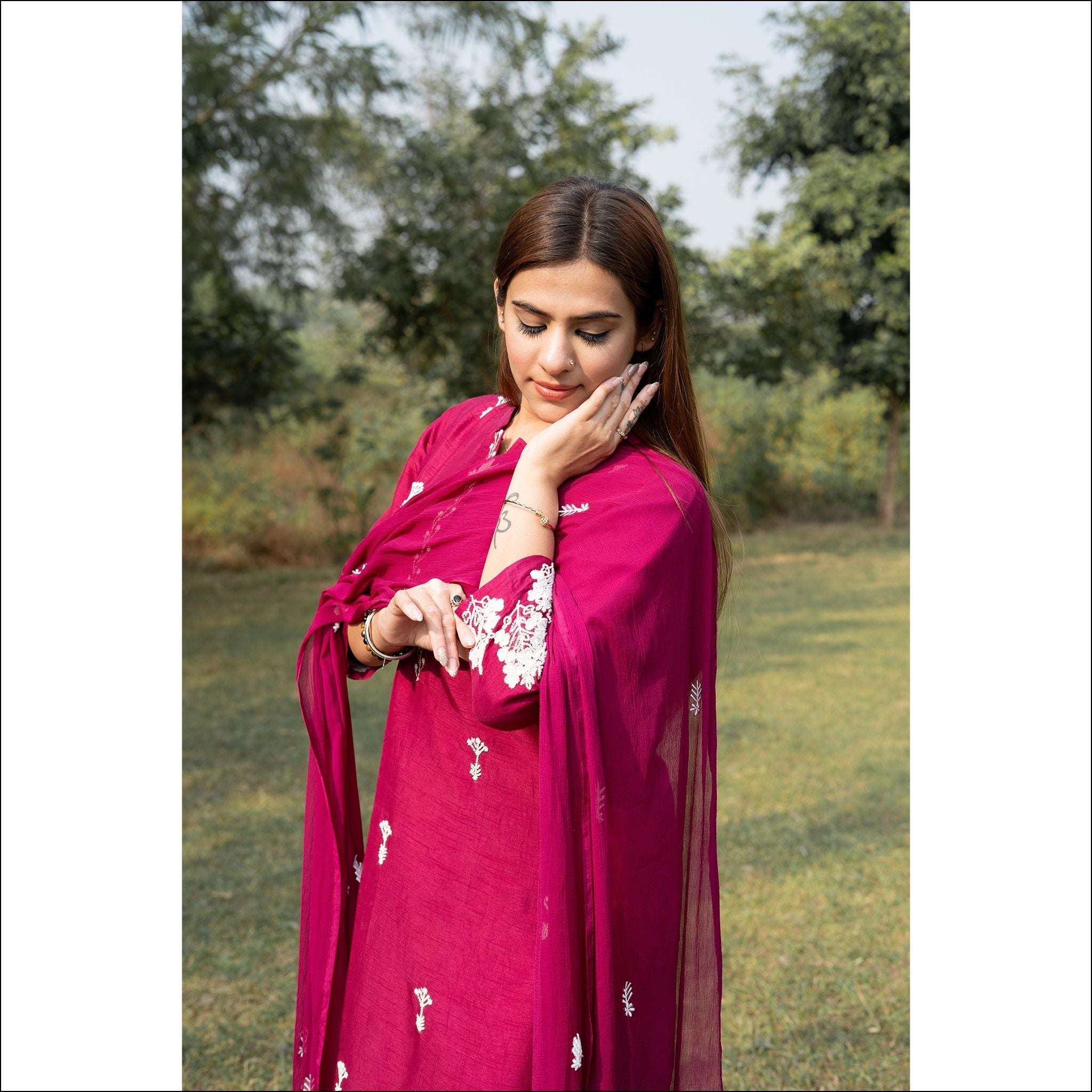 Magenta Dupian Silk Suit with Pearl Handwork & Embroidered Dupatta