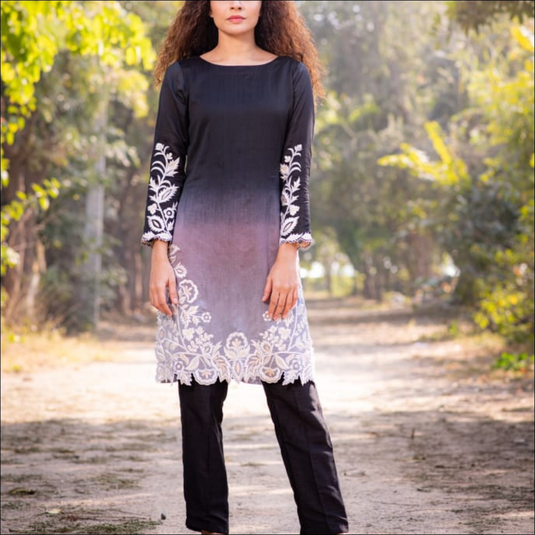 Grey Black Ombre Chanderi Kurti Pant Set with Heavy Thread Embroidery