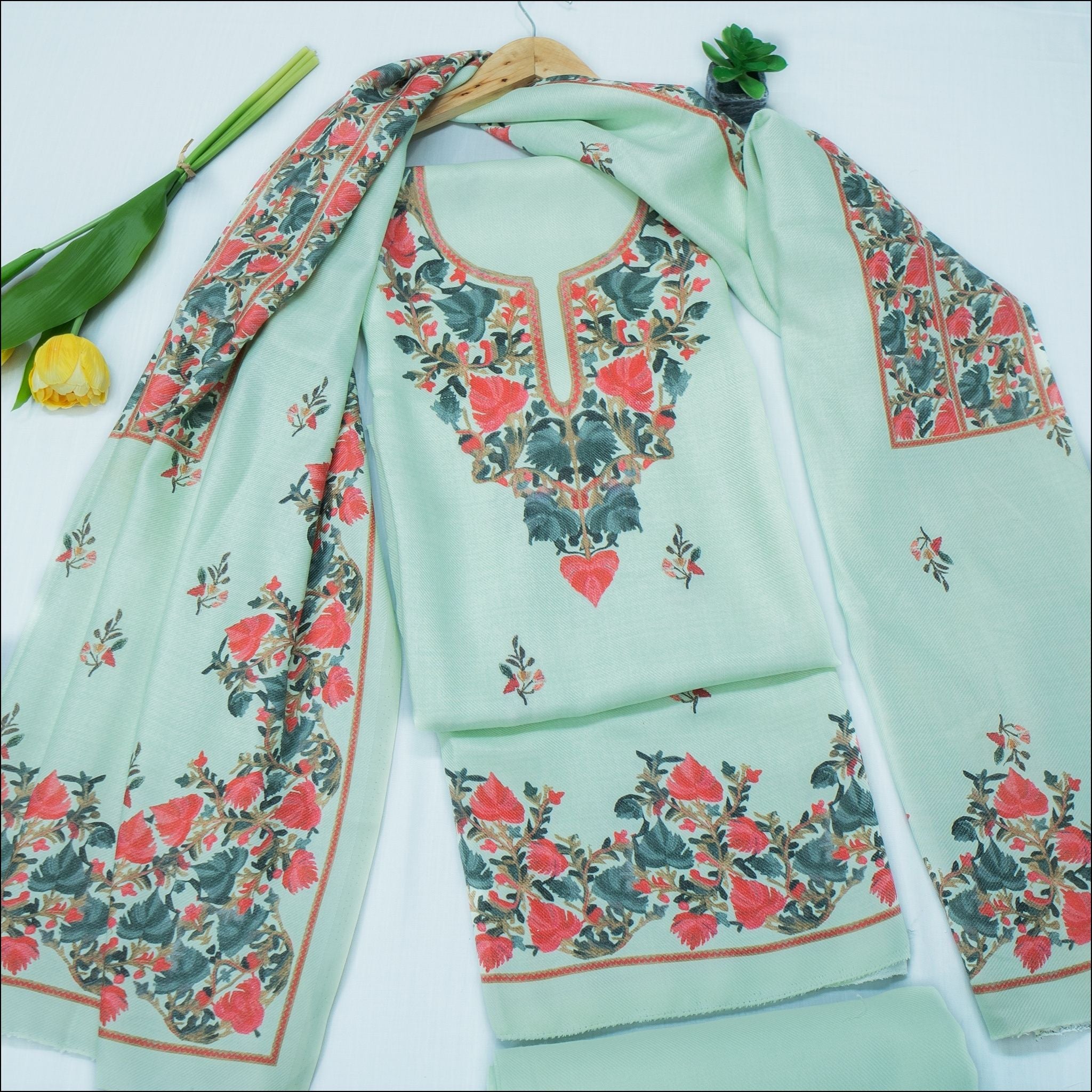 Mint Green Pink Off White Peach Beige Spun Unstitched Winter Suit Set