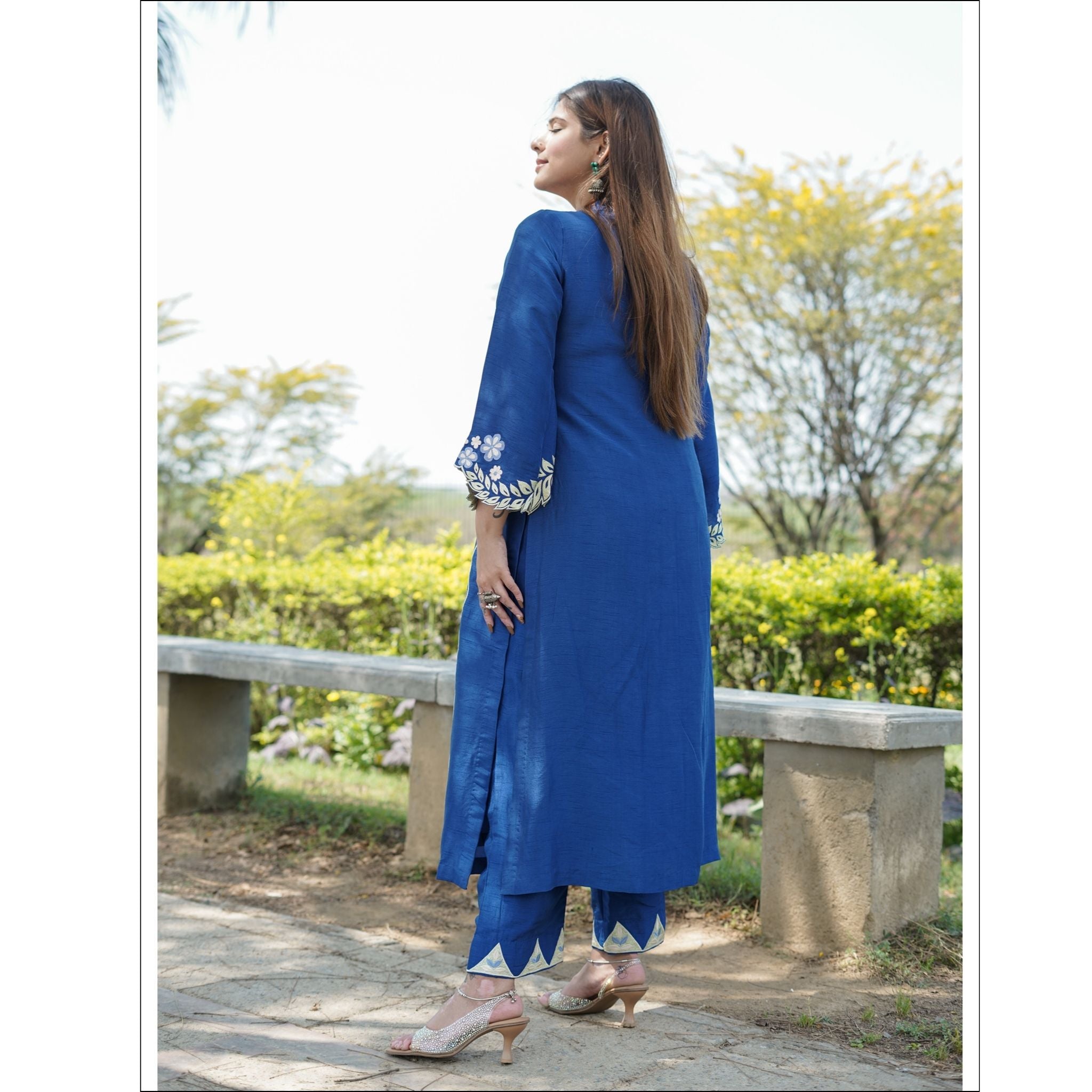 Blue Dupian Kurti Pant Set with Floral Embroidery & V-Neck