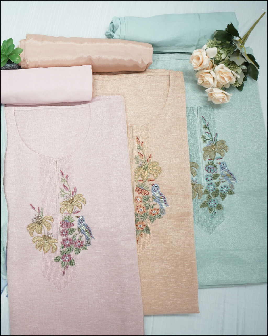 Unstitched Tissue Suit Set with Handwork Yoke & Chiffon Dupatta