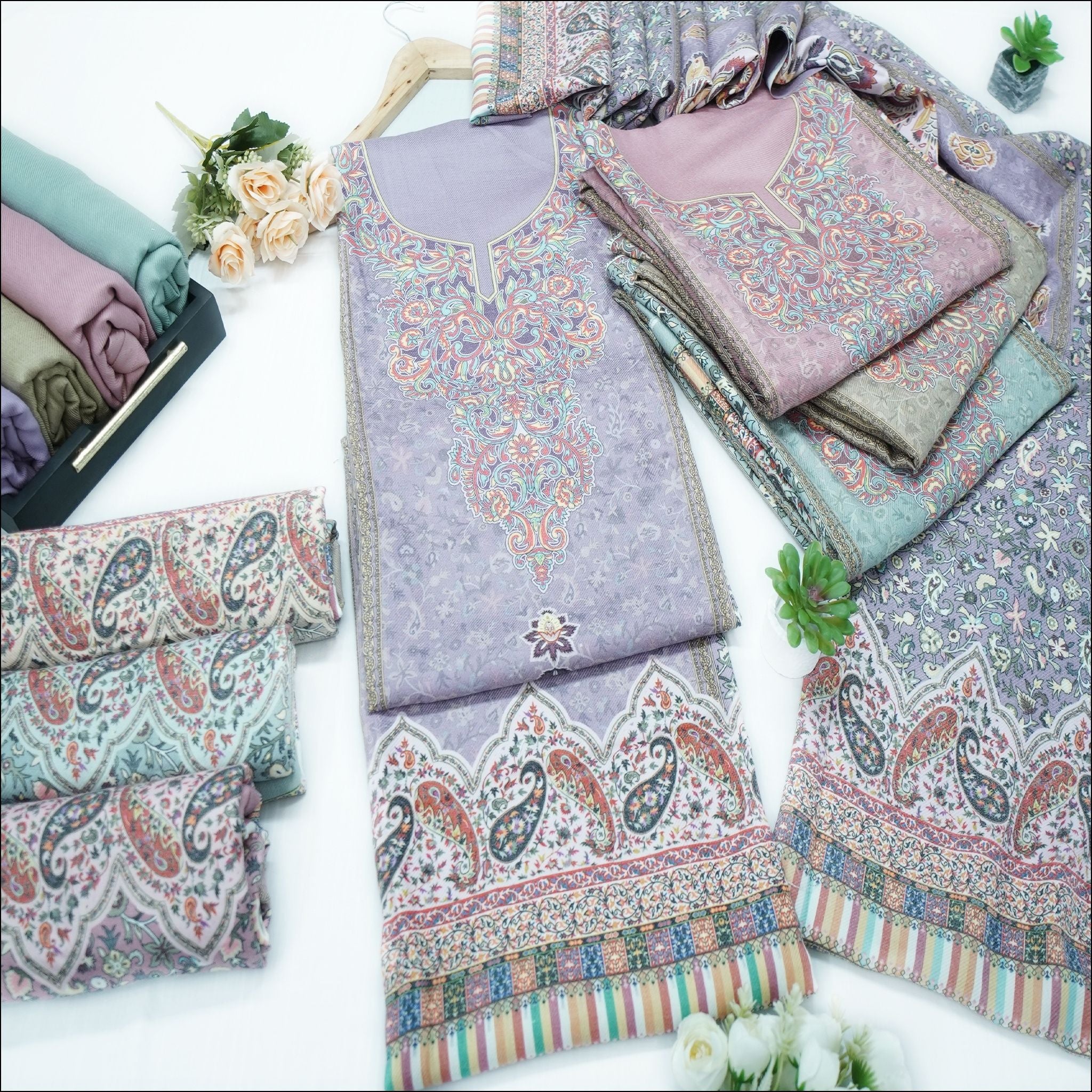 Lavender Purple Dusky Rose Mauve Spun Unstitched Winter Suit Set