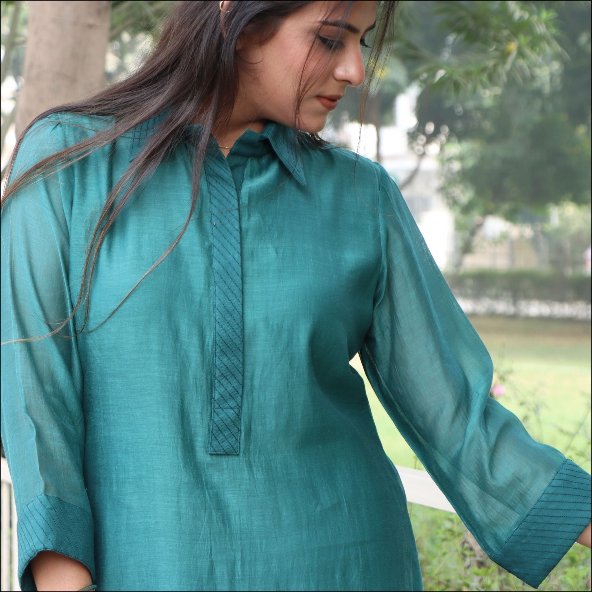 C-Cut Mul Cotton Dress with Collar & Mirror Work Embroidery