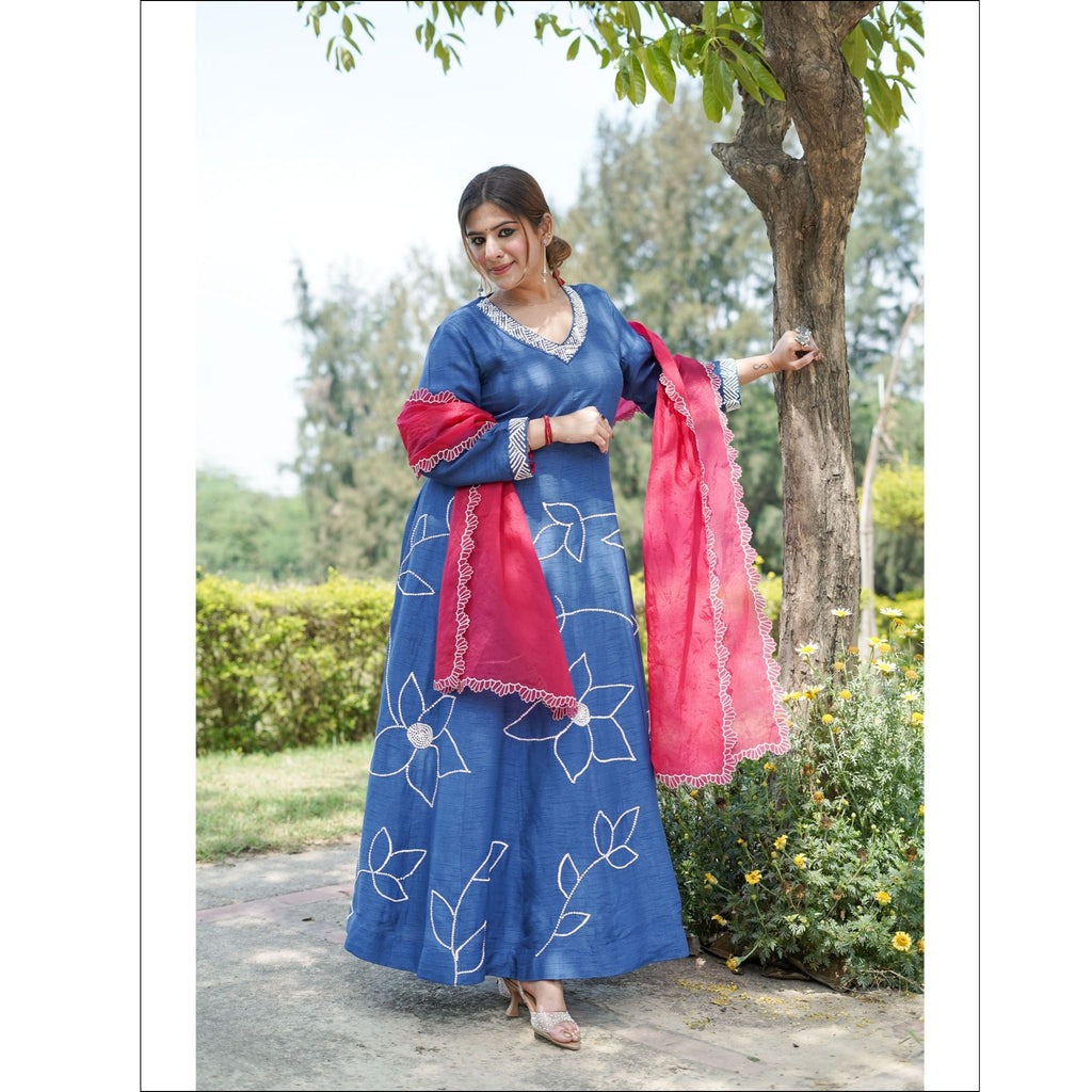 Blue Dupian Anarkali Suit with Organza Dupatta & Hand Embroidery