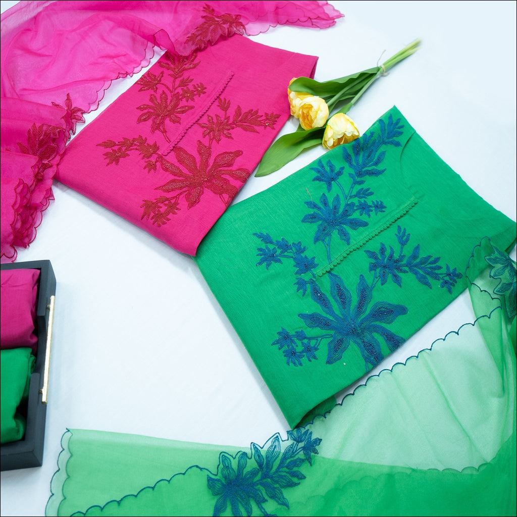 Pink Green Chanderi Silk Unstitched Suit Set with Hand Work & Organza Dupatta