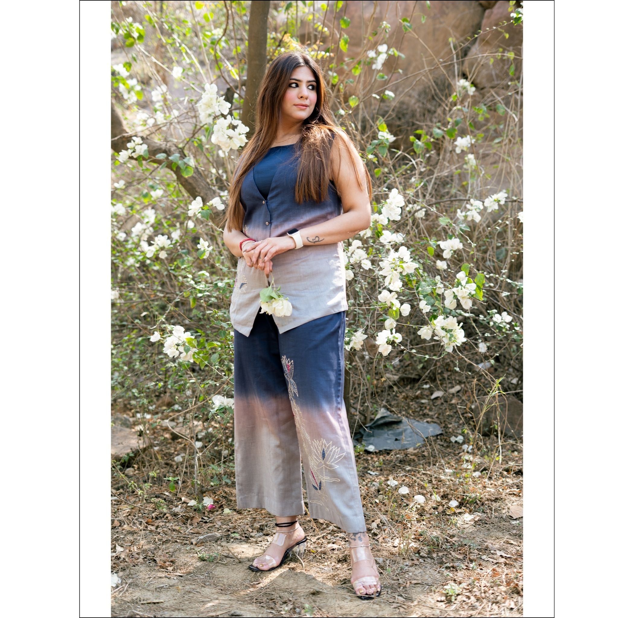 Grey to Deep Blue Ombre Cotton Chanderi Co-ord Set with Cut Dana Embroidery