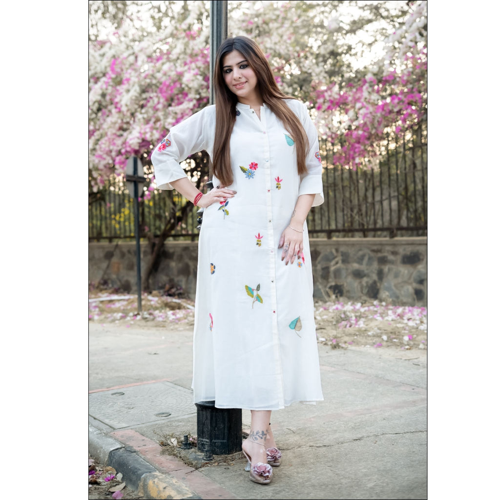 White Pure Mul Kurti with Embroidery, Pearls & Designer Buttons