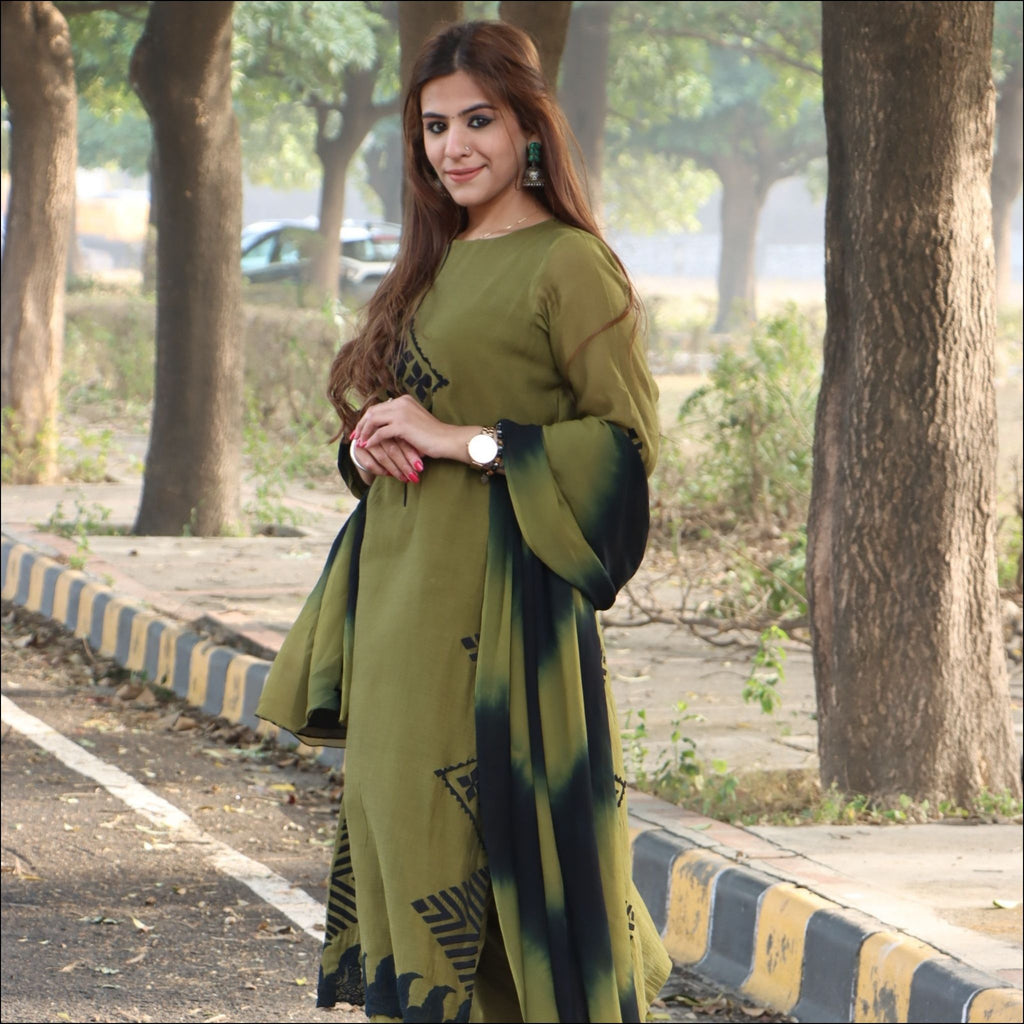 Mehendi Green Malai Cotton Suit with Applique Work & Shaded Dupatta