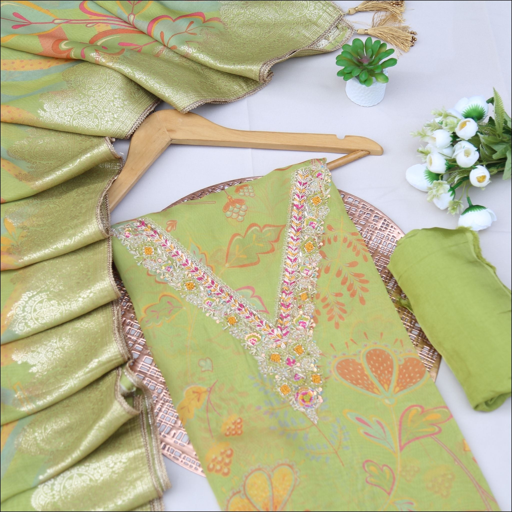 Digital Print Georgette with Embroidered Yoke & Zari Dupatta