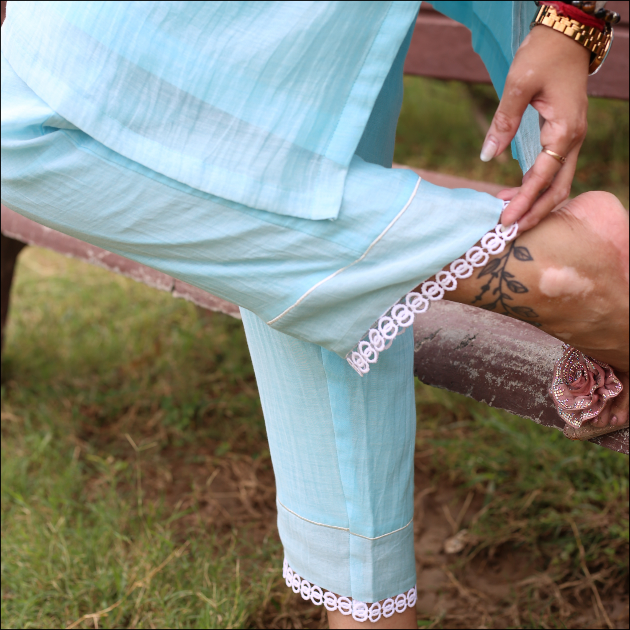 Ice Blue Mul Cotton Co-ord Set with Embroidery & Lace Detailing