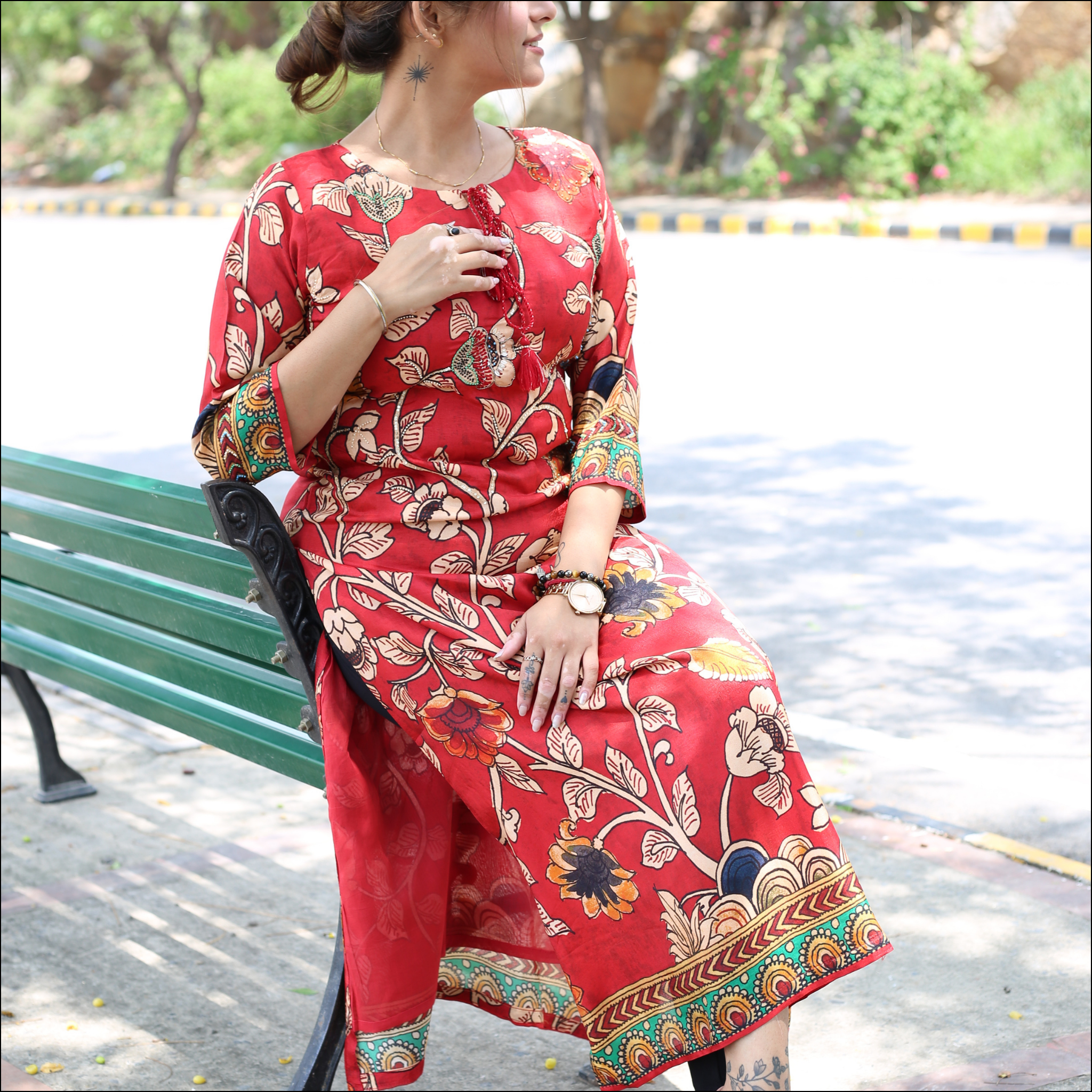 Handwork Kurti with Boat Neck & Tassel Detailing
