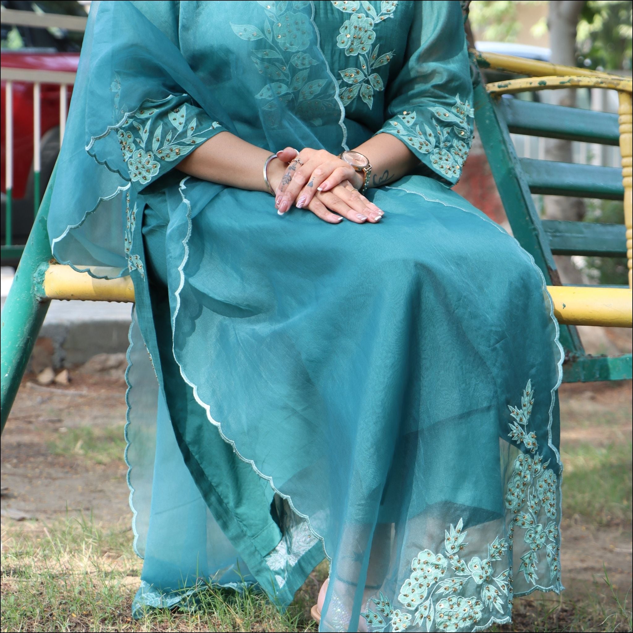 Mul Cotton Suit Set with Organza Dupatta & Applique Work
