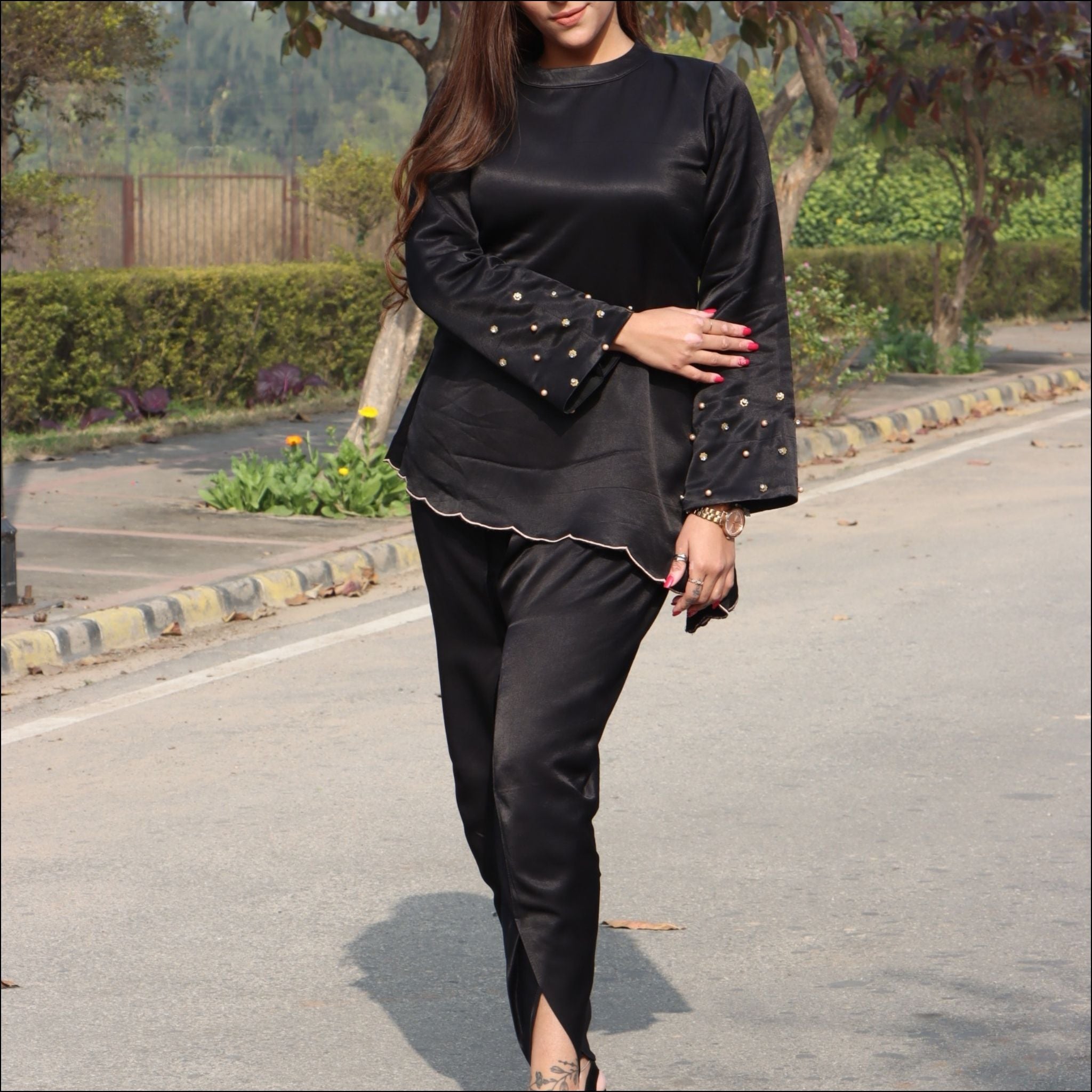 Black Mushroo Winter Co-ord Set with Pearl Embellished Bell Sleeves