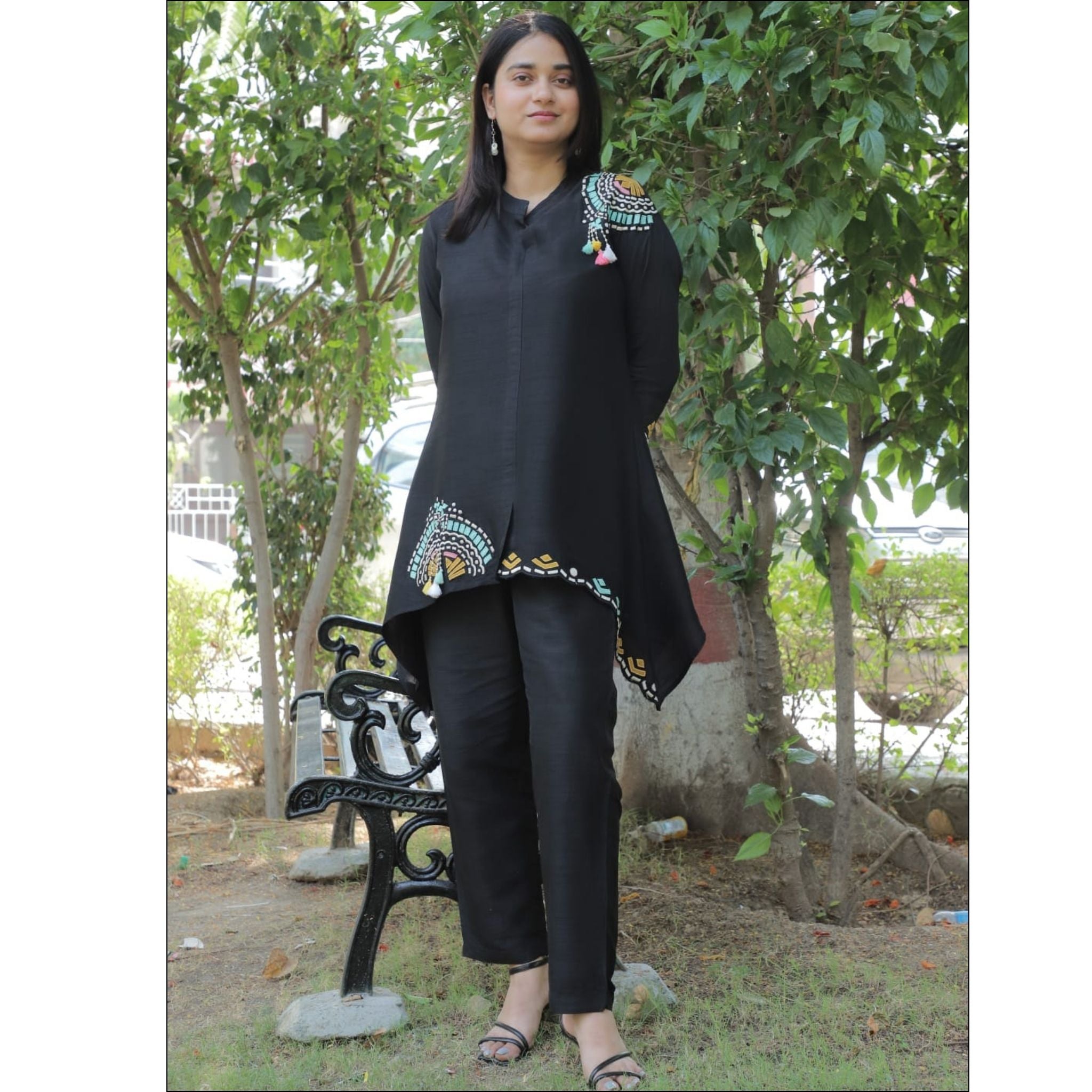 Black Dupian Silk Co-ord Set with Patch Work & Handmade Tassels
