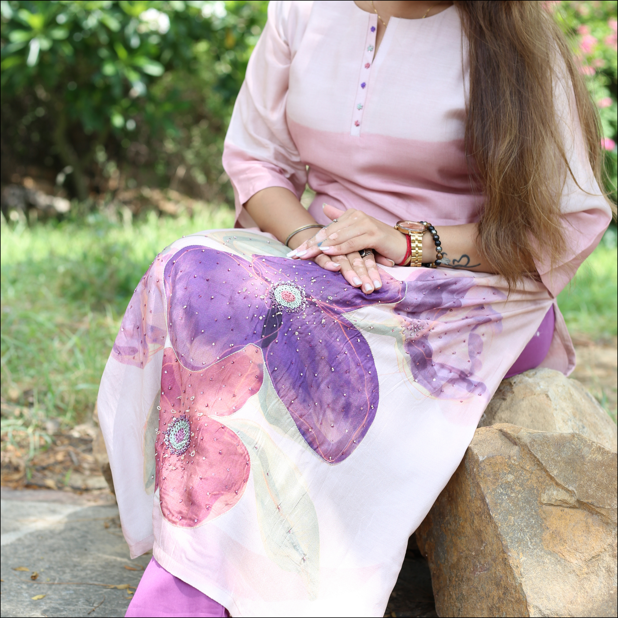 Printed Muslin Kurti with Handwork Floral Design & Buttons