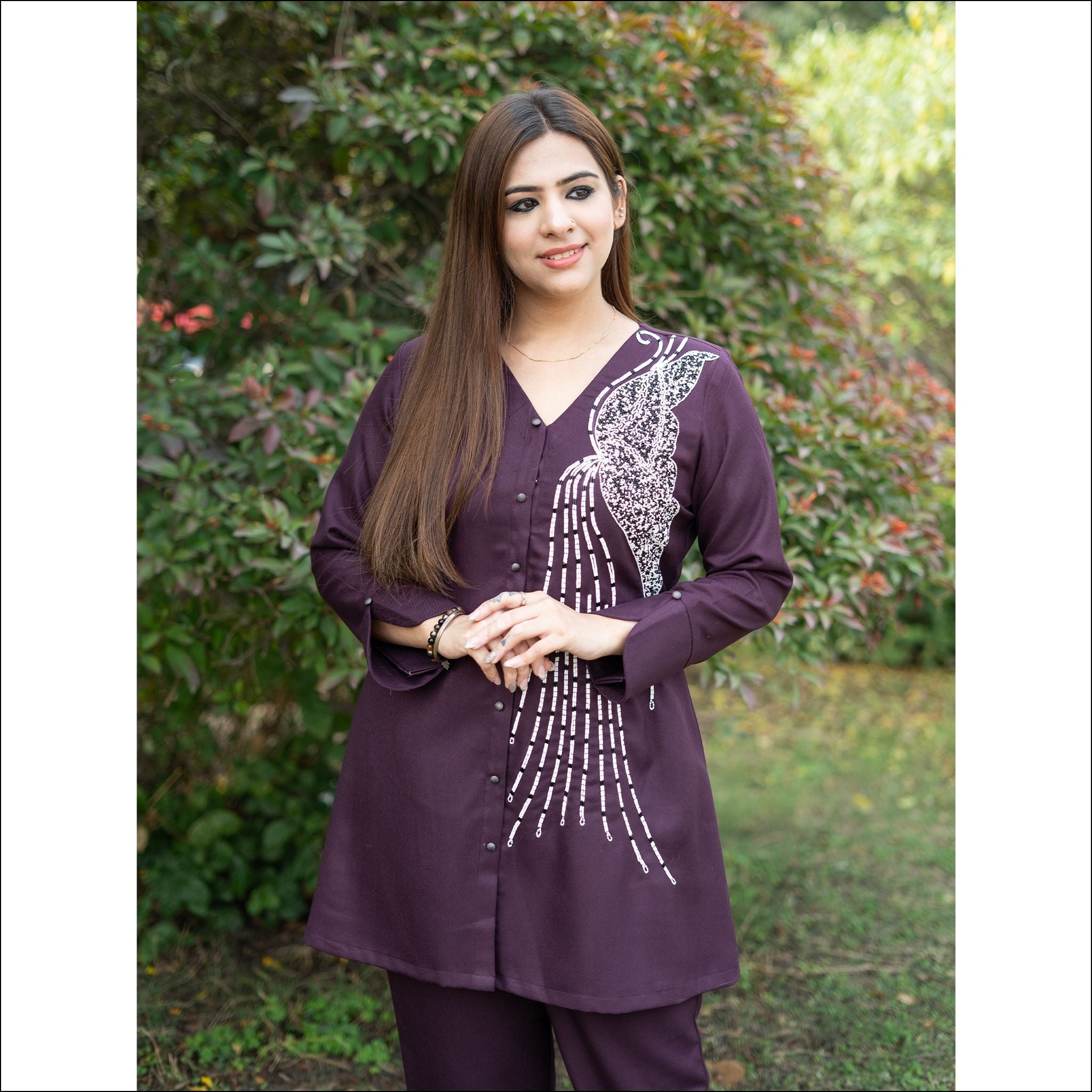 Wine Spun Co-ord Set with Handwork & V-Neck