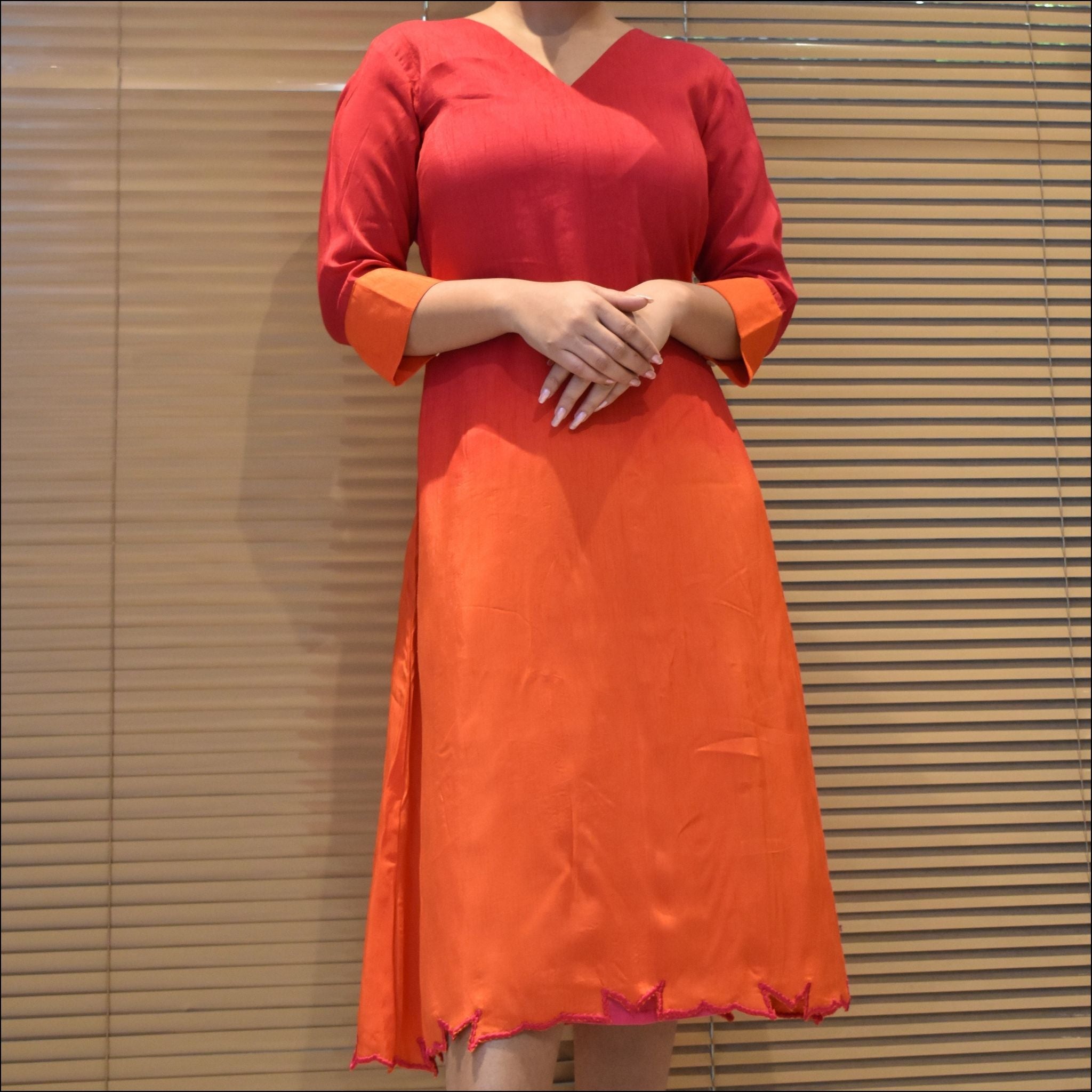 Ombre V-Neck Dress with Belt & Stylish Button Detailing